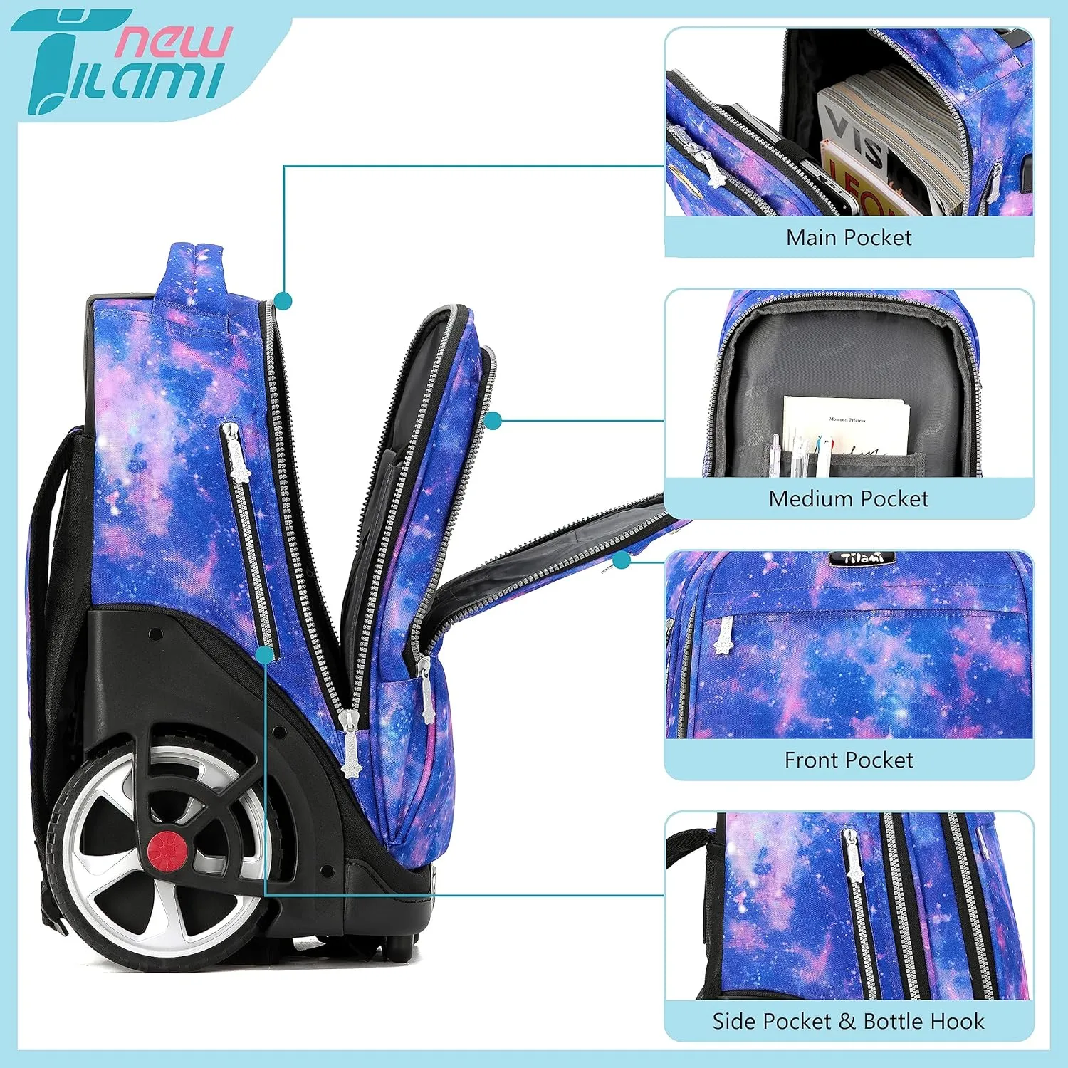 NEW TILAMI Rolling Backpack 19 inch with Lunch Bag Teens Cute Wheeled Computer Laptop Backpack Bookbag Roller Travel Bag College, Star Violet
