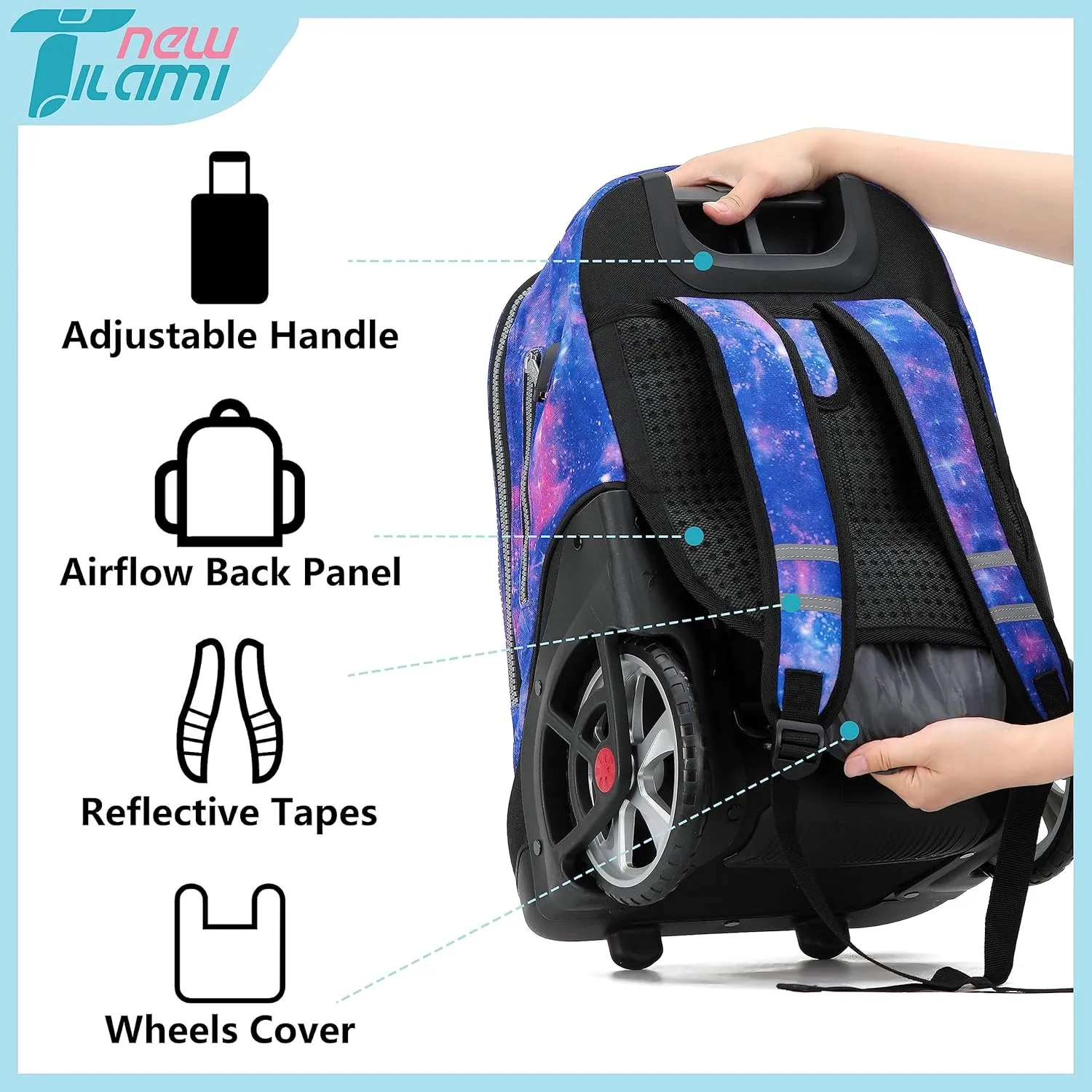 NEW TILAMI Rolling Backpack 19 inch with Lunch Bag Teens Cute Wheeled Computer Laptop Backpack Bookbag Roller Travel Bag College, Star Violet