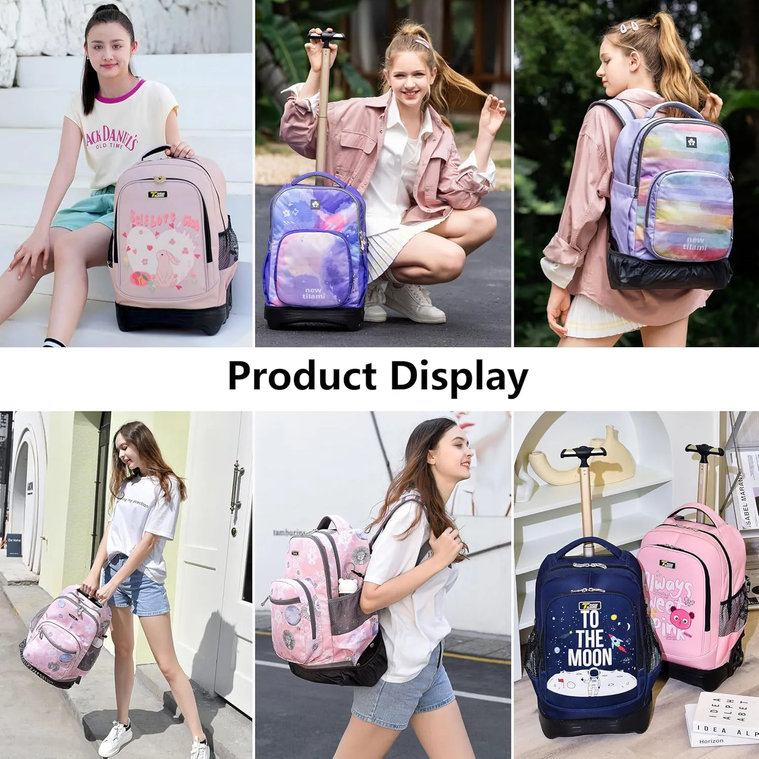 NEW TILAMI Rolling Backpack for Boy Suitcase School Adjustable Laptop Backpack with Wheels for Girl to School Travel Camping Boys Backpack Cute Cats 18 Inches