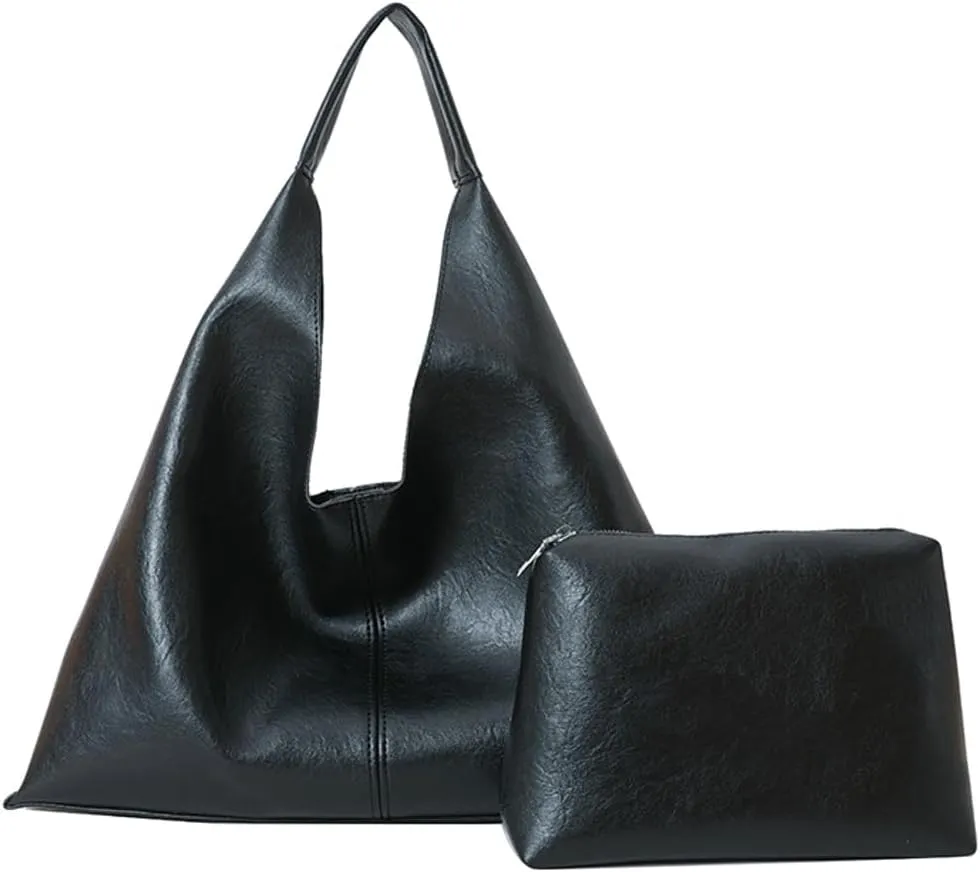 Niction Slouchy Hobo Bags for Women Tote Bag Retro PU Leather Crossbody Purse Soft Shoulder Purses 2pcs Work College Handbags