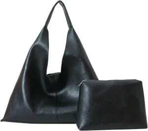 Niction Slouchy Hobo Bags for Women Tote Bag Retro PU Leather Crossbody Purse Soft Shoulder Purses 2pcs Work College Handbags