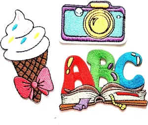 Nipitshop Patches Set of 3 Blur Camera Patch Ice Cream Cone Pink Bow Patch A B C Book Embroidered Iron on Patch for Clothes Backpacks T-Shirt Jeans Skirt Vests Scarf Hat Bag