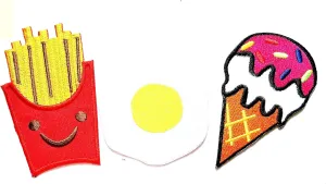 Nipitshop Patches Set of 3 French Fries Patch Pretty Sunny Side Up Fried Egg Patch Ice Cream Cone Strawberry Patch Embroidered Iron on Patch for Clothes Backpacks T-Shirt Jeans Skirt Vests