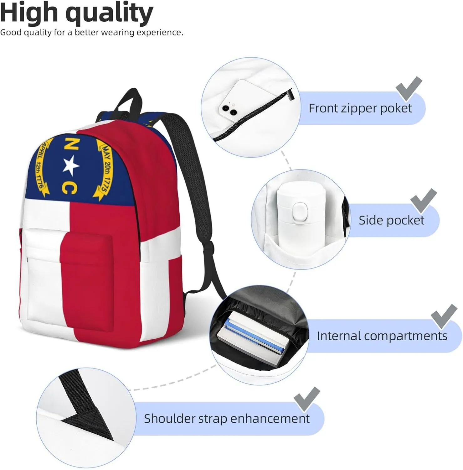 North Carolina state flag print Large Laptop Backpack for Women, Work Business Backpacks College Bookbag for School