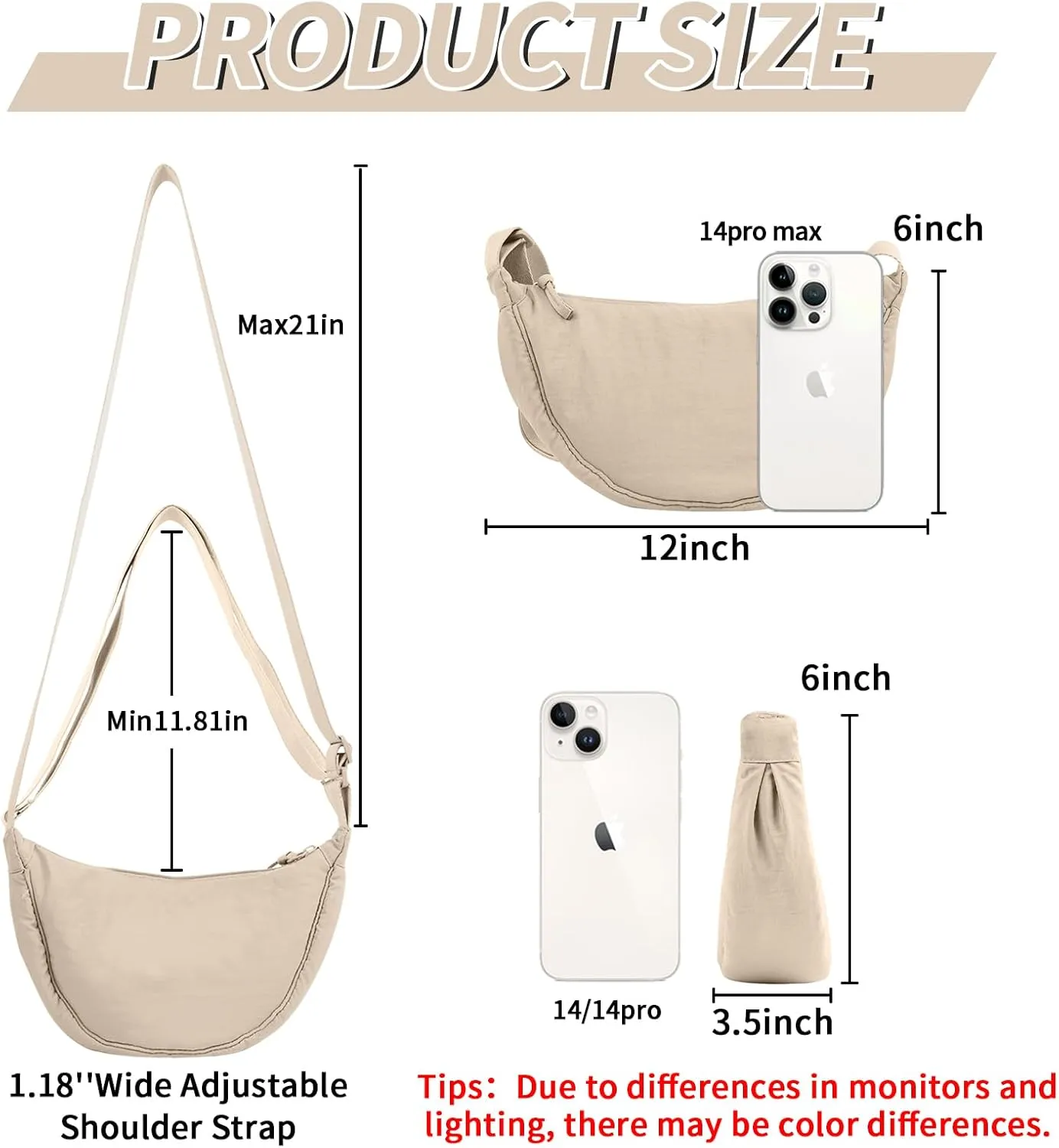 Nylon Crescent Crossbody Bag for Women Purses Trendy Men,Small Travel Sling Bag Hobo