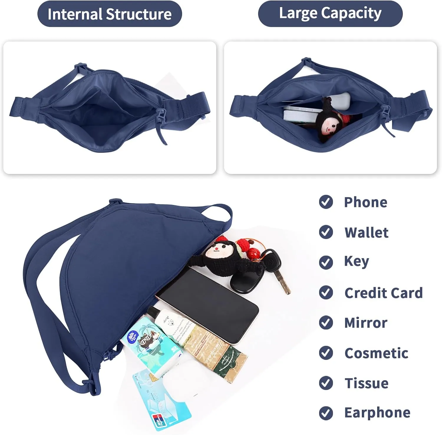 Nylon Crescent Crossbody Bag for Women Purses Trendy Men,Small Travel Sling Bag Hobo
