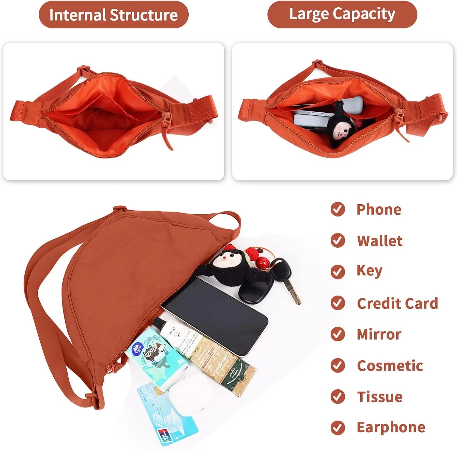 Nylon Crescent Crossbody Bag for Women Purses Trendy Men,Small Travel Sling Bag Hobo
