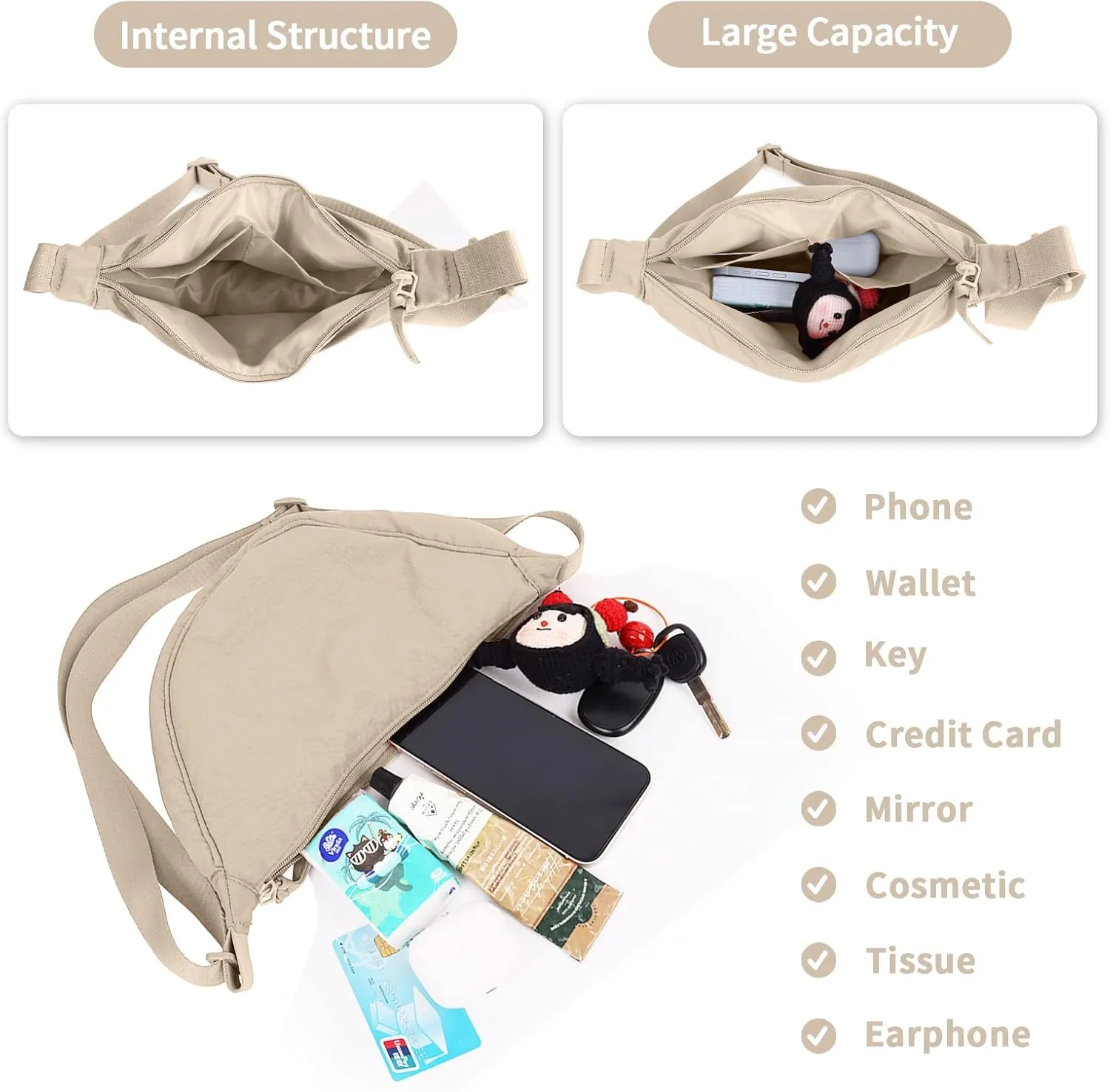 Nylon Crescent Crossbody Bag for Women Purses Trendy Men,Small Travel Sling Bag Hobo