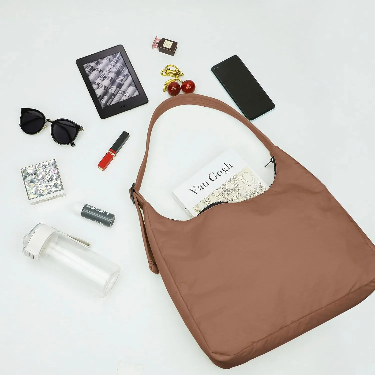 Nylon Shoulder Bag - Adjustable Quilted Strap, Structured Slouchy Design with Interior Zip Pocket