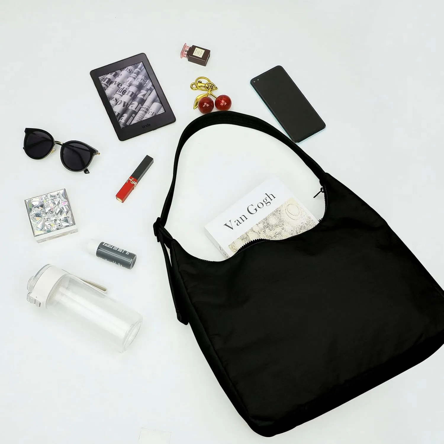 Nylon Shoulder Bag - Adjustable Quilted Strap, Structured Slouchy Design with Interior Zip Pocket
