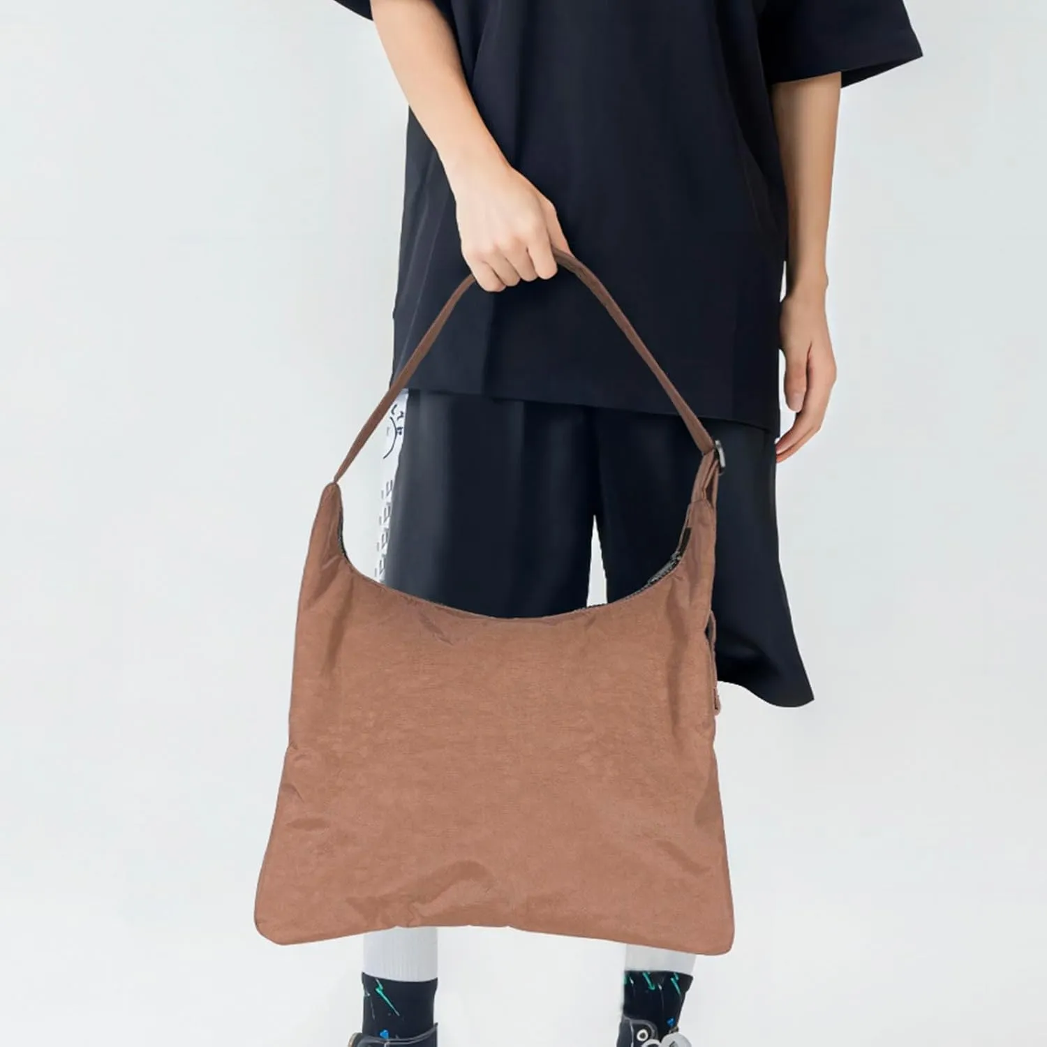 Nylon Shoulder Bag - Adjustable Quilted Strap, Structured Slouchy Design with Interior Zip Pocket