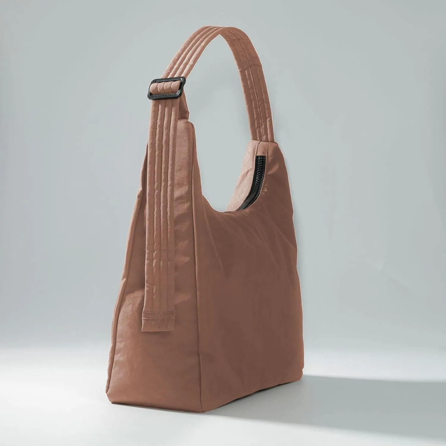 Nylon Shoulder Bag - Adjustable Quilted Strap, Structured Slouchy Design with Interior Zip Pocket