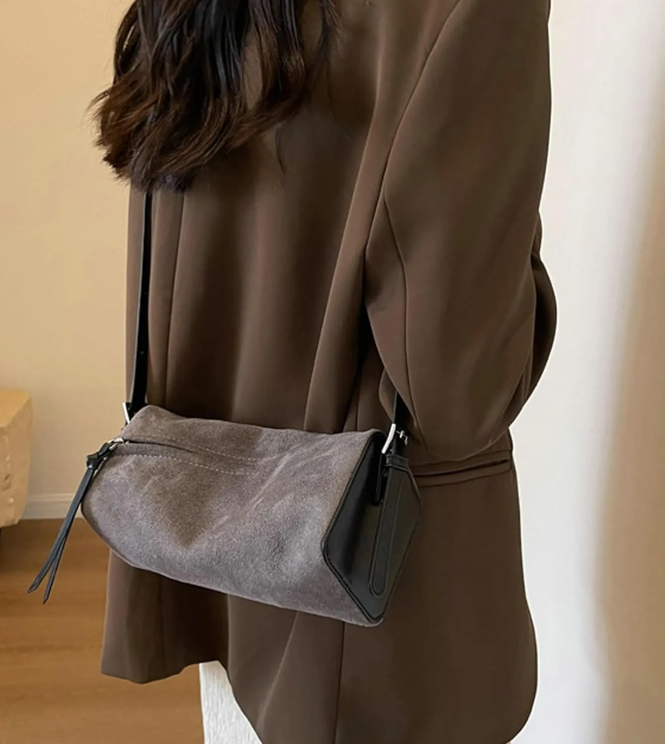 Obosoyo Trendy Brown Suede Bag Women 2024 Handbag Small Fall Boston Bag Adjustable Shoulder Bag Retro Colors Purses
