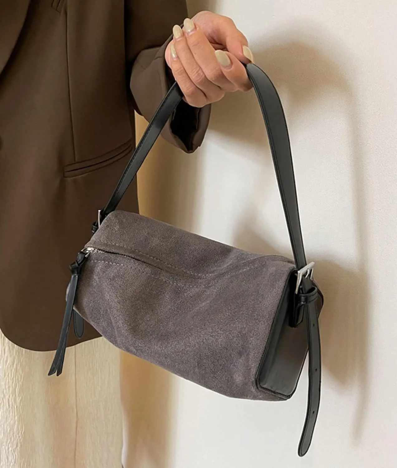 Obosoyo Trendy Brown Suede Bag Women 2024 Handbag Small Fall Boston Bag Adjustable Shoulder Bag Retro Colors Purses