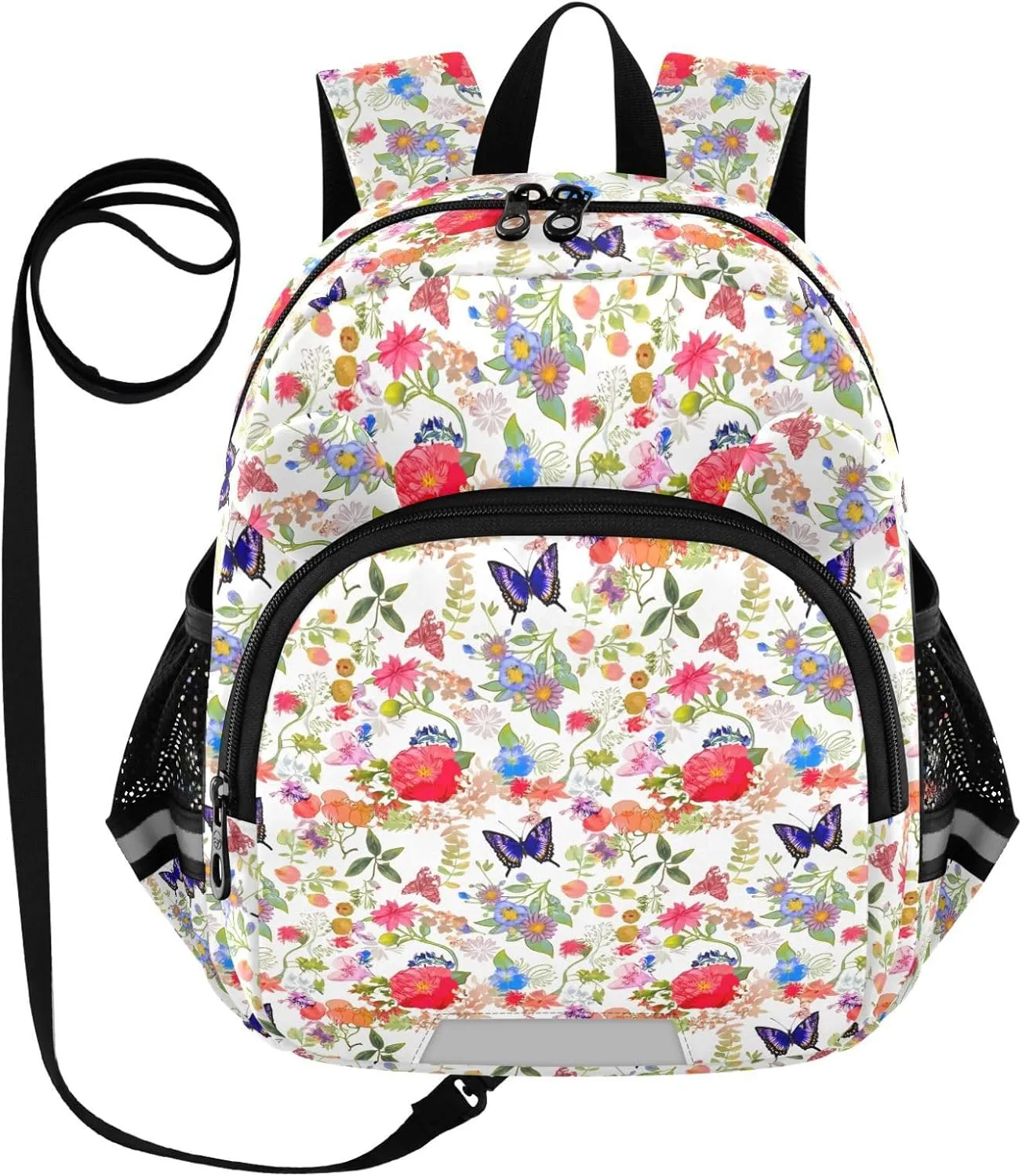 ODAWA Leash Backpacks with Reflective Strips, Floral Colorful Flowers Butterflies Kids Backpack Preschool Backpack 3-6 Years