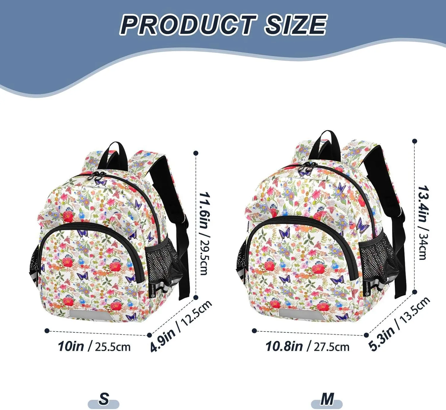 ODAWA Leash Backpacks with Reflective Strips, Floral Colorful Flowers Butterflies Kids Backpack Preschool Backpack 3-6 Years