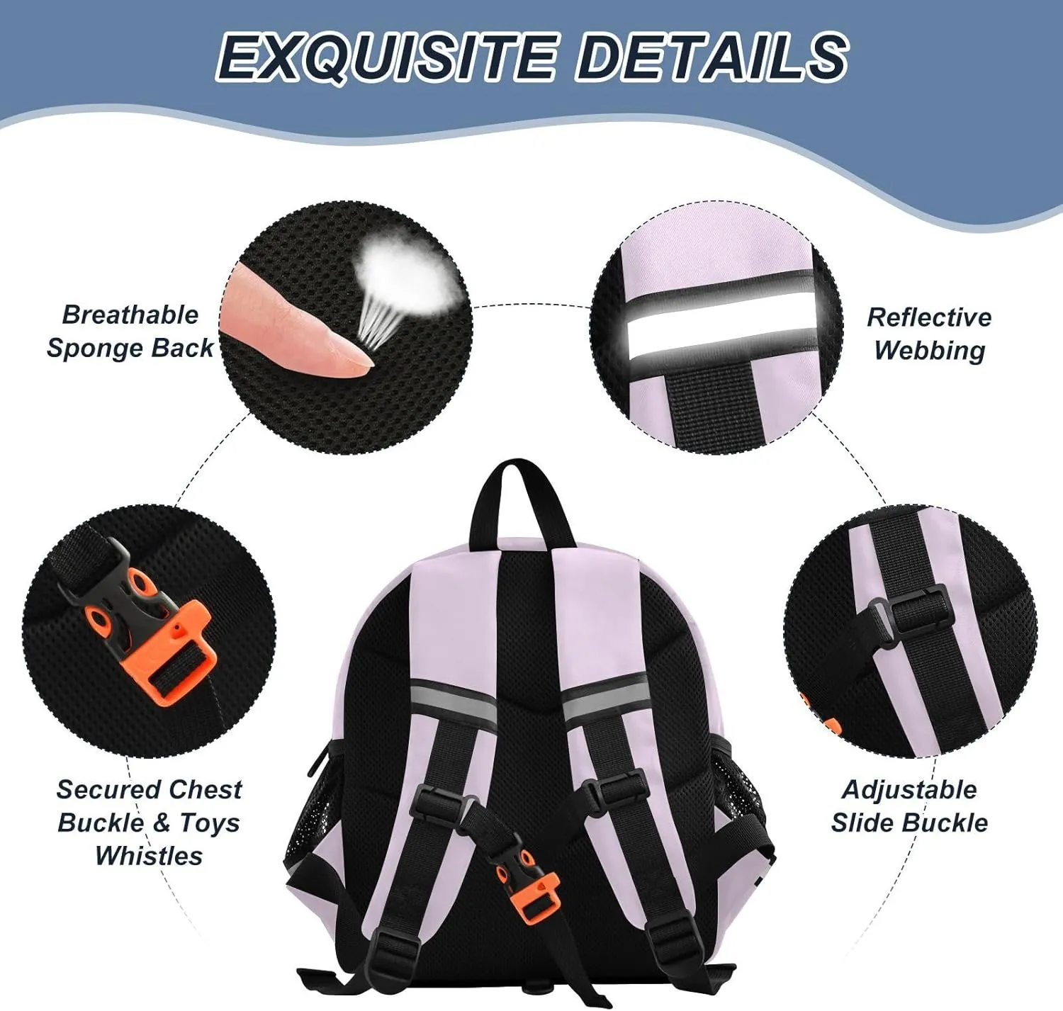 ODAWA Leash Backpacks with Reflective Strips, Pail Lilac Backpack with Leash for Toddler Boys 3-6 Years