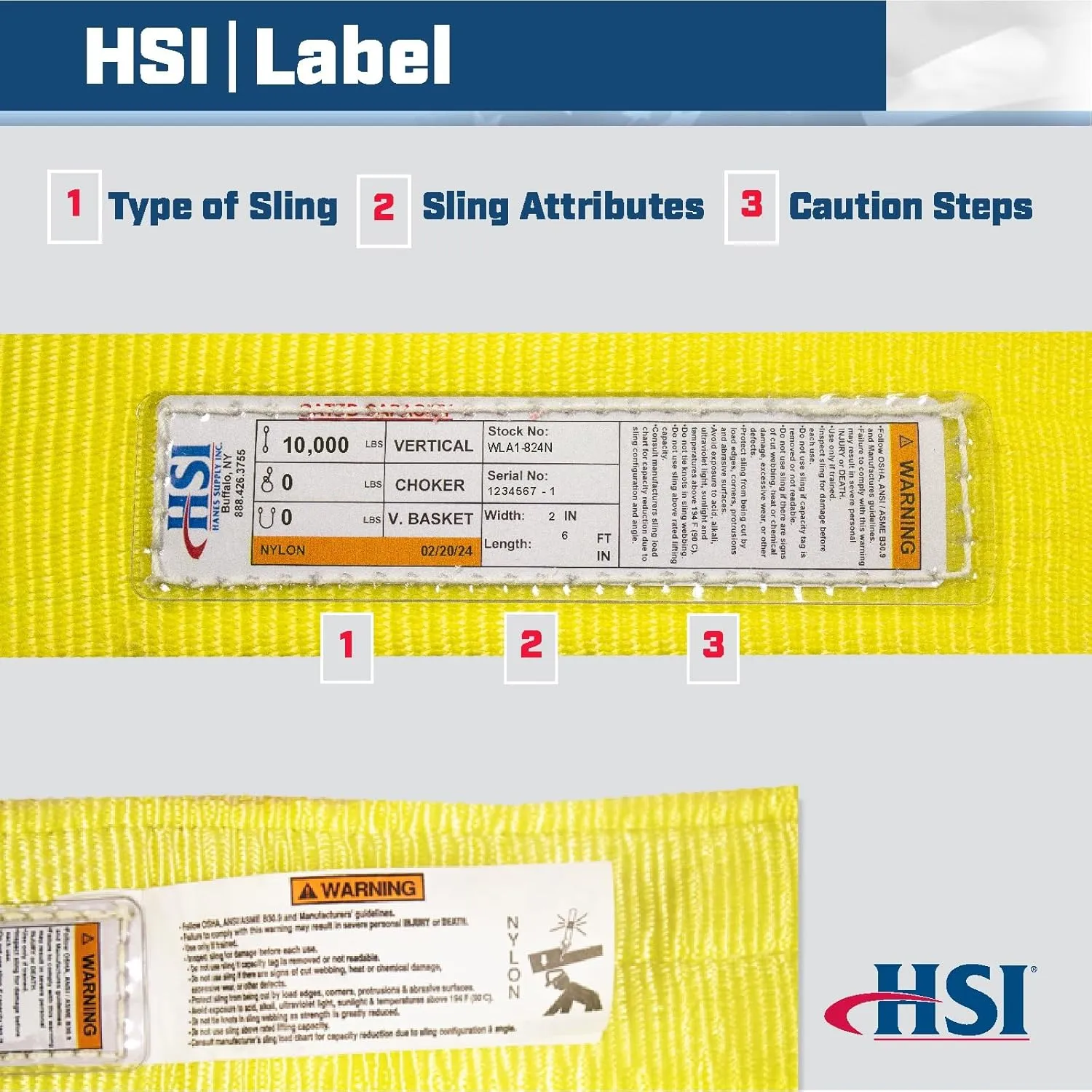 One Ply 24" x 6' Attached Eye Nylon Type 9 Sling | WLA1-824N | 20" Eye Length | 10,000 Lb. Vertical Capacity | Hanes Supply (HSI) Heavy Duty Rigging Equipment for Lifting and Towing