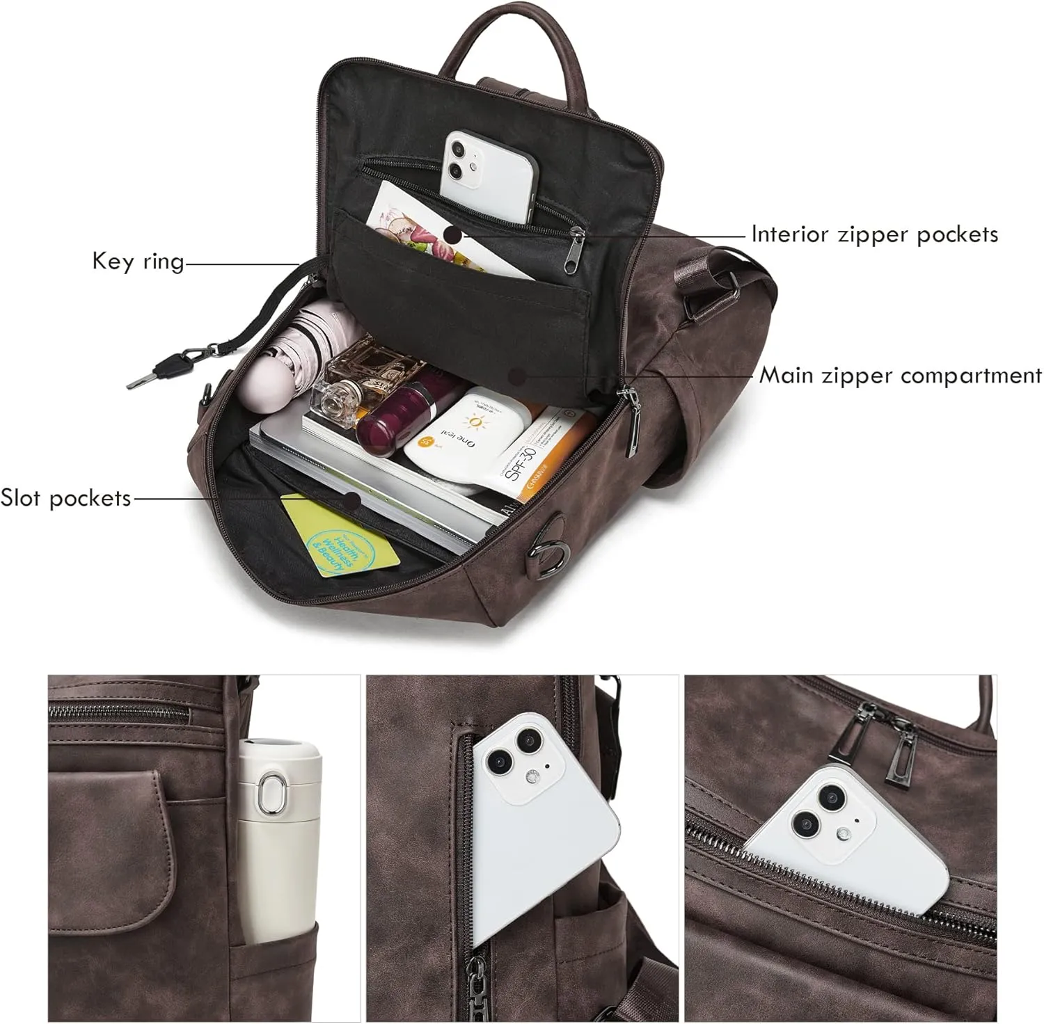 OPAGE Leather Backpack Purse for Women Fashion Designer Ladies Shoulder Bags Travel Backpack With Wristlet