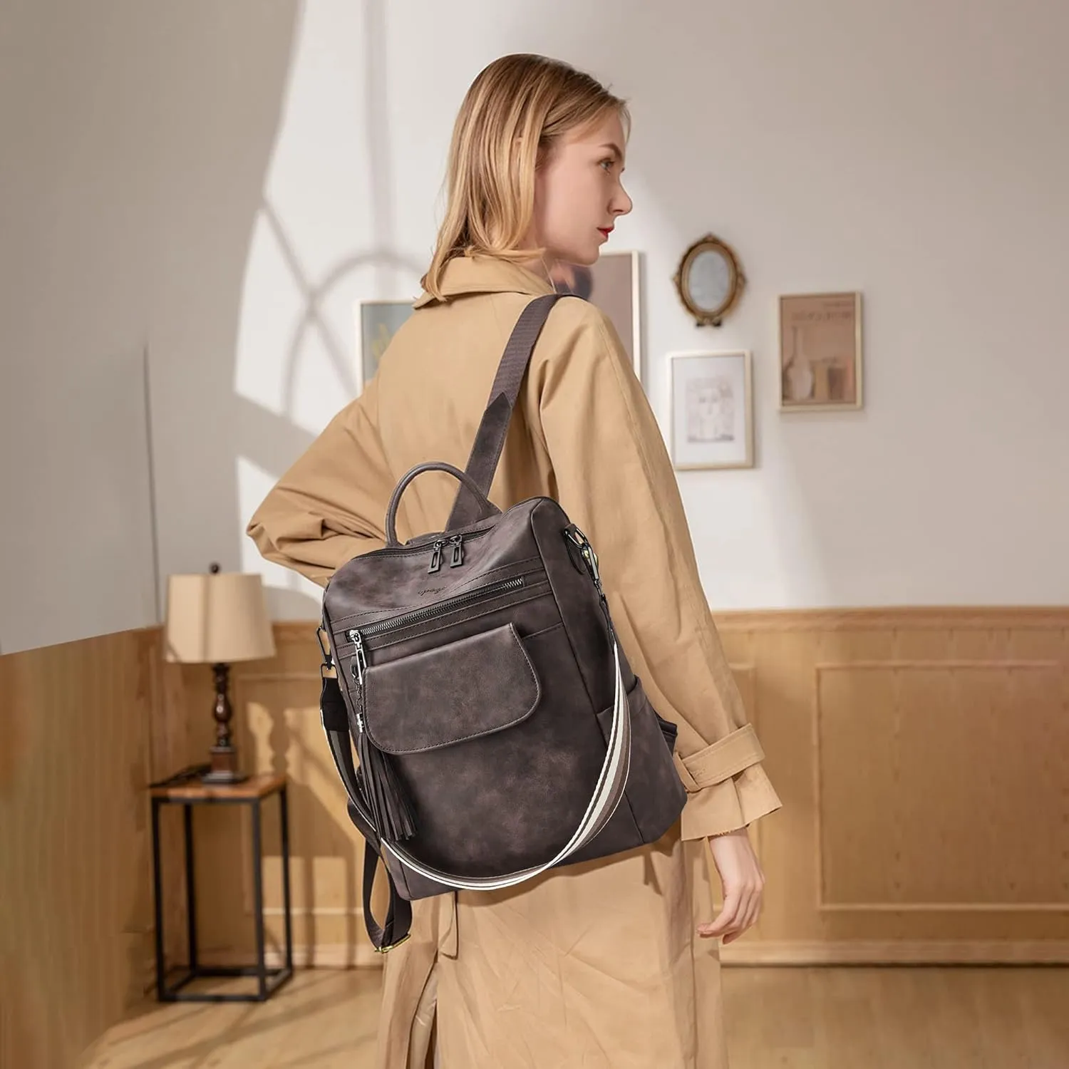 OPAGE Leather Backpack Purse for Women Fashion Designer Ladies Shoulder Bags Travel Backpack With Wristlet
