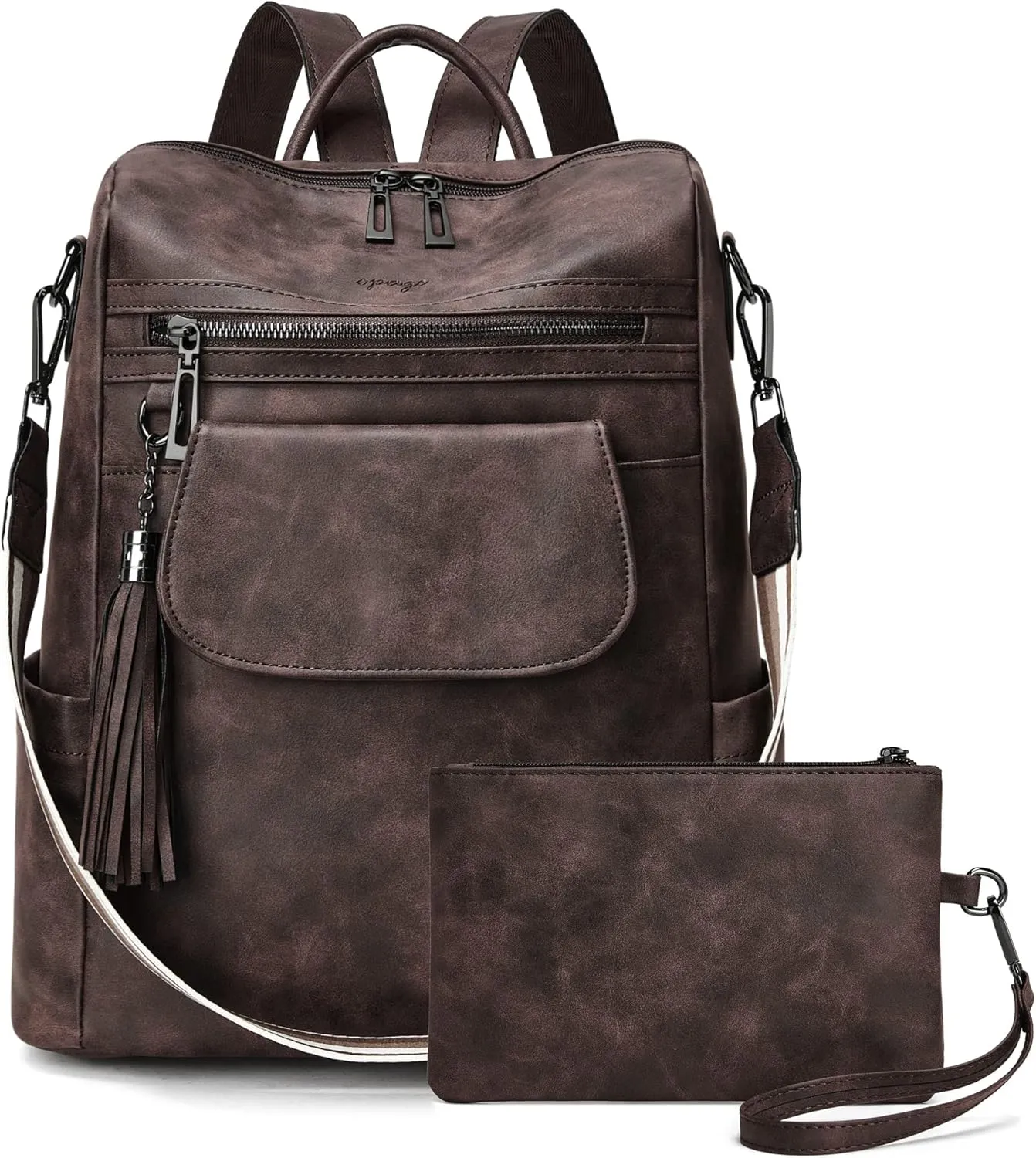 OPAGE Leather Backpack Purse for Women Fashion Designer Ladies Shoulder Bags Travel Backpack With Wristlet