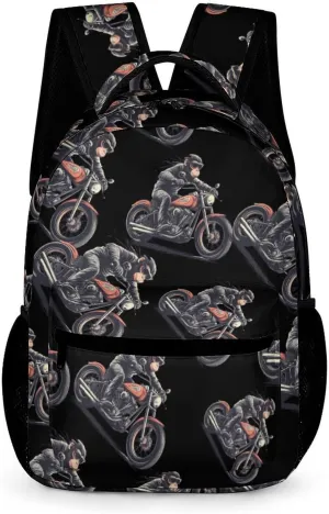 Orangutan Ape Riding Motorcycles Cute Backpack Travel Work Bag with Water Bottle Pocket Adjustable Padded Shoulder Straps Daypack