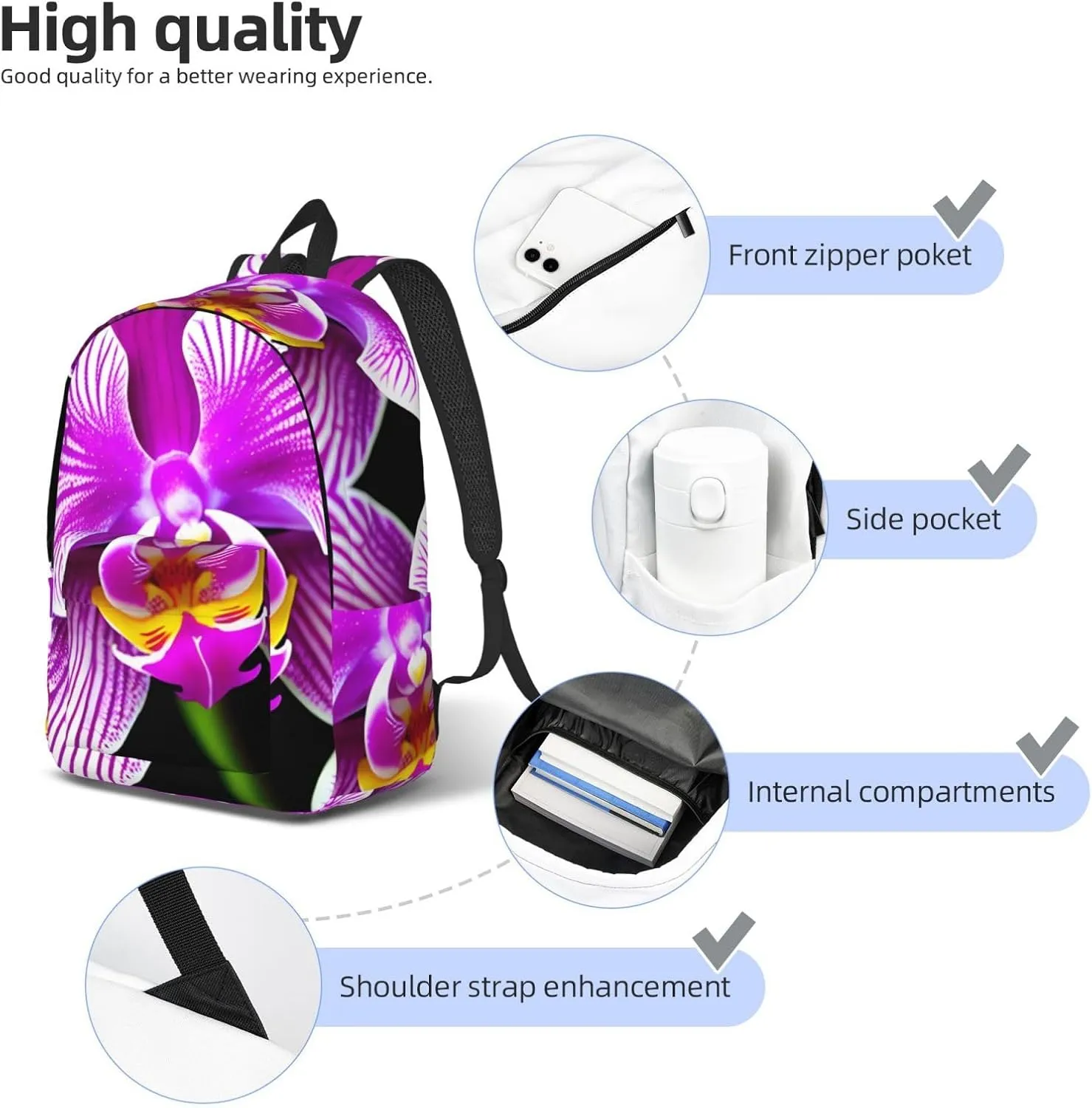 Orchid Flower print Laptop Backpack for Travel Computer,Casual Daypack Bookbag for College Work for Women Men