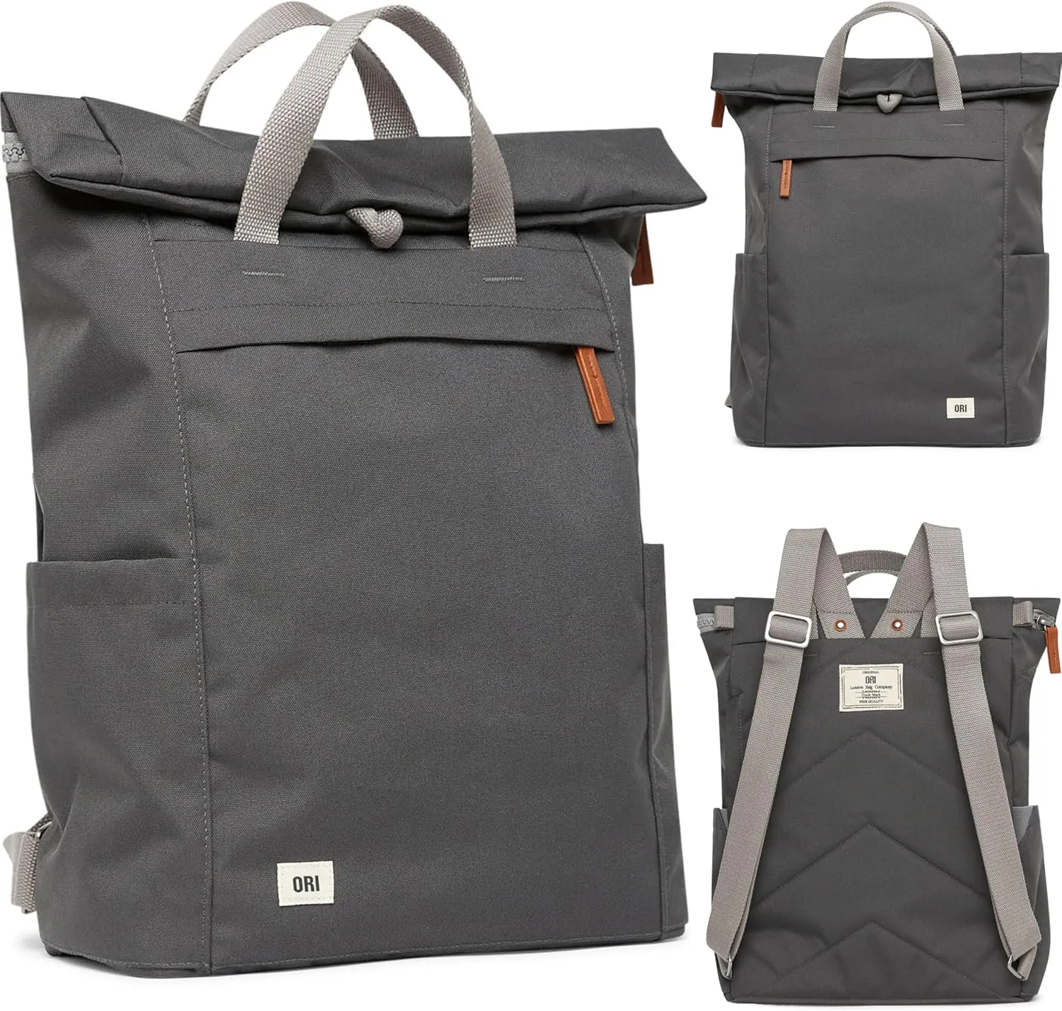 ORI LONDON Rolltop Backpack - Large Travel Backpack with Lots of Pockets for Men & Women - The Finchley, Carbon