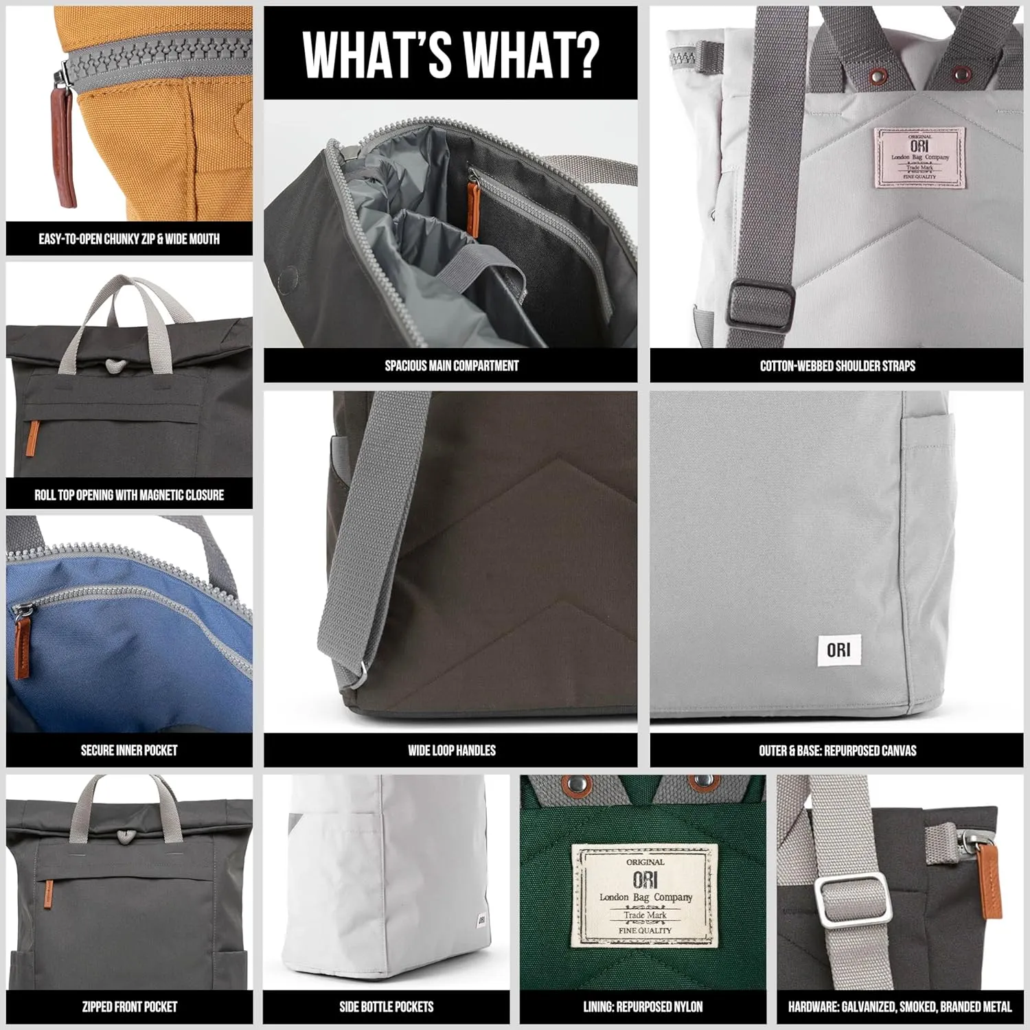 ORI LONDON Rolltop Backpack - Large Travel Backpack with Lots of Pockets for Men & Women - The Finchley, Forest
