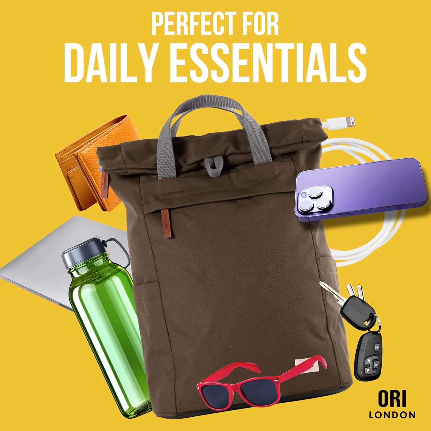 ORI LONDON Rolltop Backpack - Medium Travel Backpack with Lots of Pockets for Men & Women - The Finchley, Flax