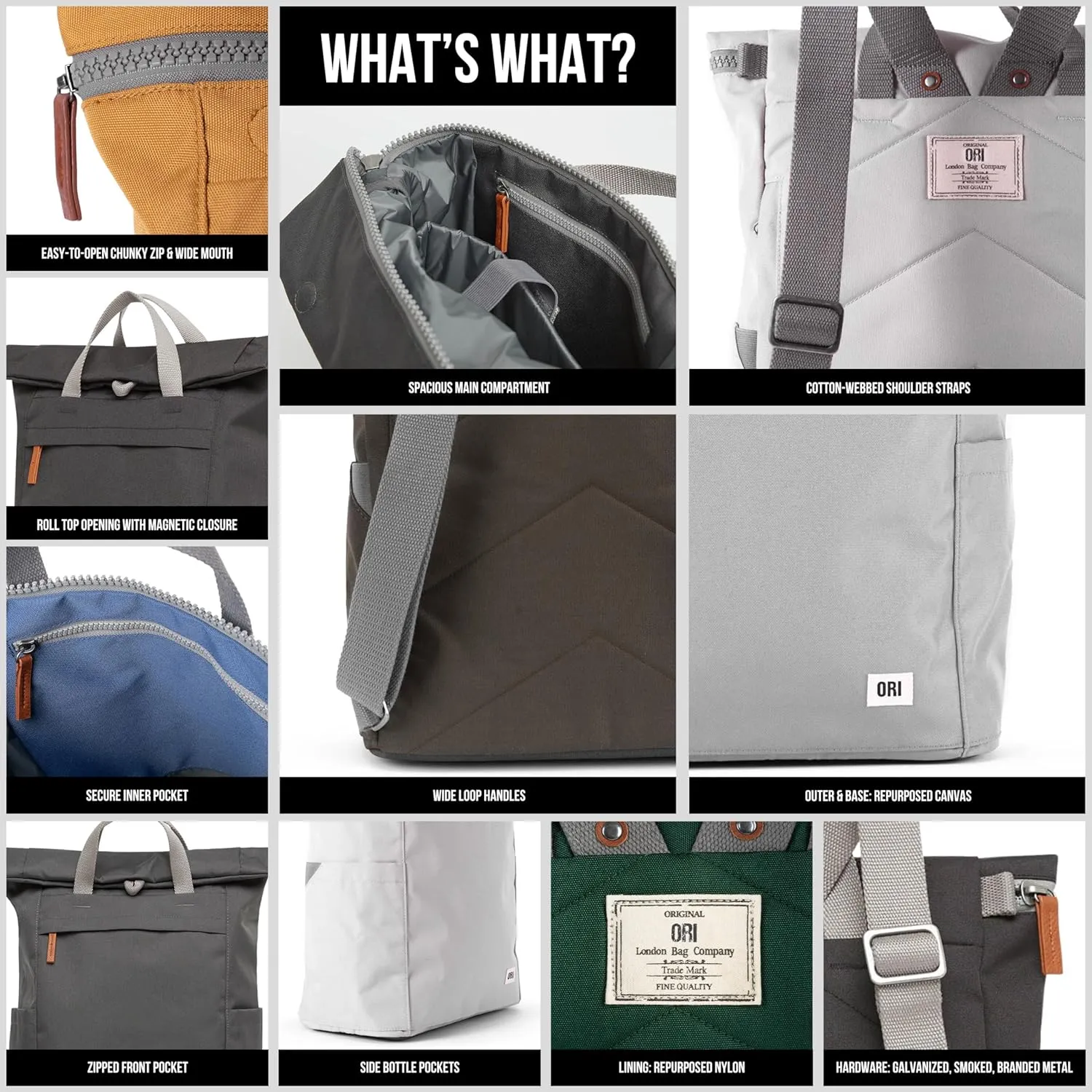 ORI LONDON Rolltop Backpack - Medium Travel Backpack with Lots of Pockets for Men & Women - The Finchley, Flax