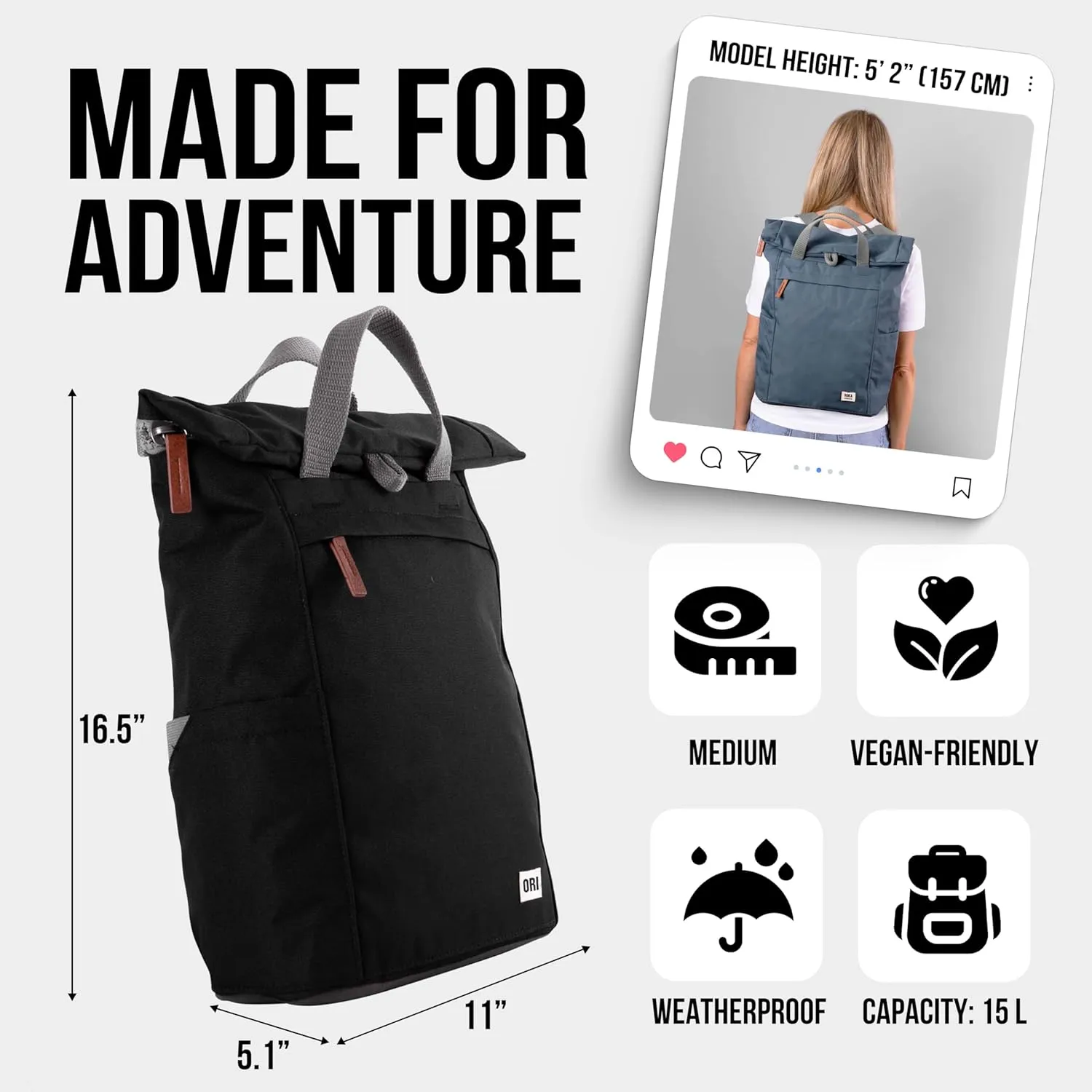 ORI LONDON Rolltop Backpack - Medium Travel Backpack with Lots of Pockets for Men & Women - The Finchley, Flax