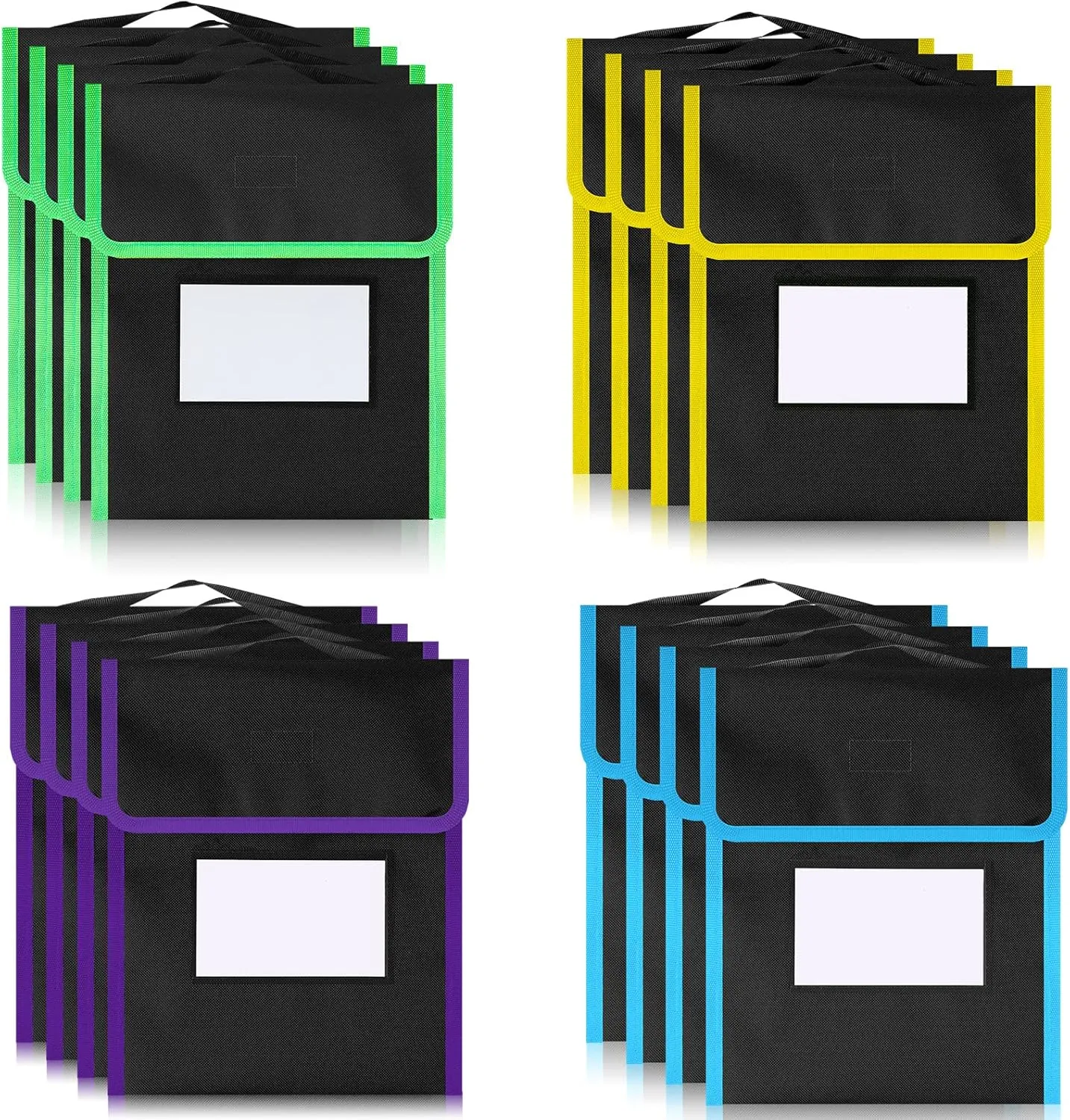Outus Medium Book Pouches Nylon Black Book Bag with Clear Name Tag Pocket Stitched on Handle Reading Preschool Teacher Supplies for Students Classroom School Home, 9.8" x 11.8" (16 Pcs)
