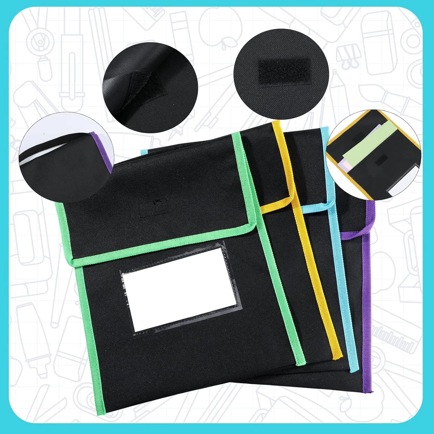 Outus Medium Book Pouches Nylon Black Book Bag with Clear Name Tag Pocket Stitched on Handle Reading Preschool Teacher Supplies for Students Classroom School Home, 9.8" x 11.8" (16 Pcs)