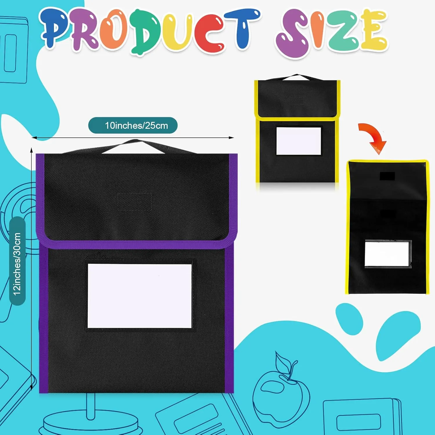 Outus Medium Book Pouches Nylon Black Book Bag with Clear Name Tag Pocket Stitched on Handle Reading Preschool Teacher Supplies for Students Classroom School Home, 9.8" x 11.8" (16 Pcs)