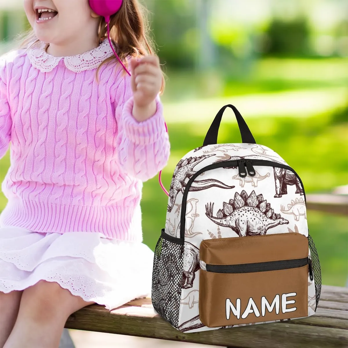 Pardick Personalized Kids Backpack School Bag for Boys, Retro Dinosaur Custom Toddler Bookbag with Name, Mini Backpack for School & Travel Kindergarten Elementary Bag 12in