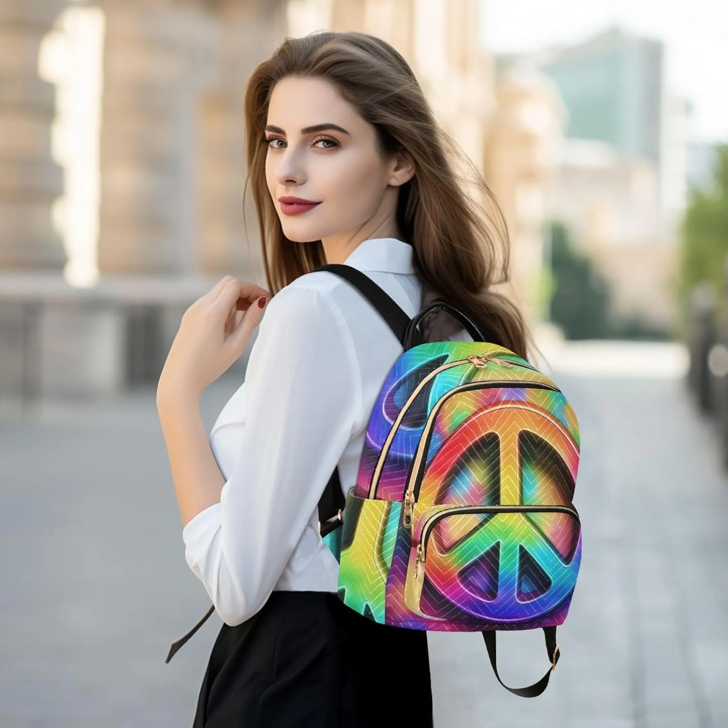 Peace Sign Mini Backpack Women's Quilted Small Backpack Purse for Women College Fashion Travel Daypack Shoulder Bag