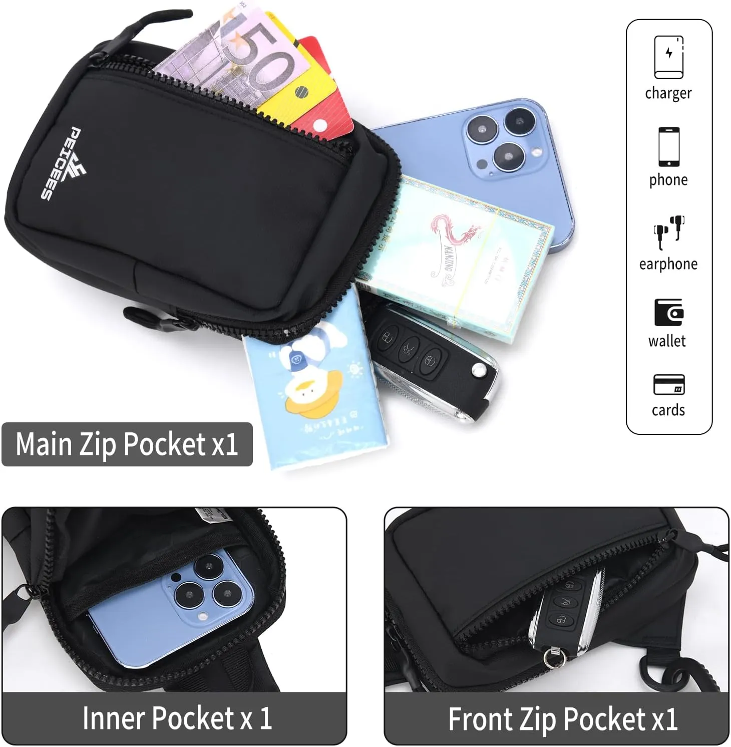 Peicees Small Crossbody Bag for Men Women Mini Sling Bag Travel Running Phone Daypack Cross Body Shoulder Bags with Keyholder