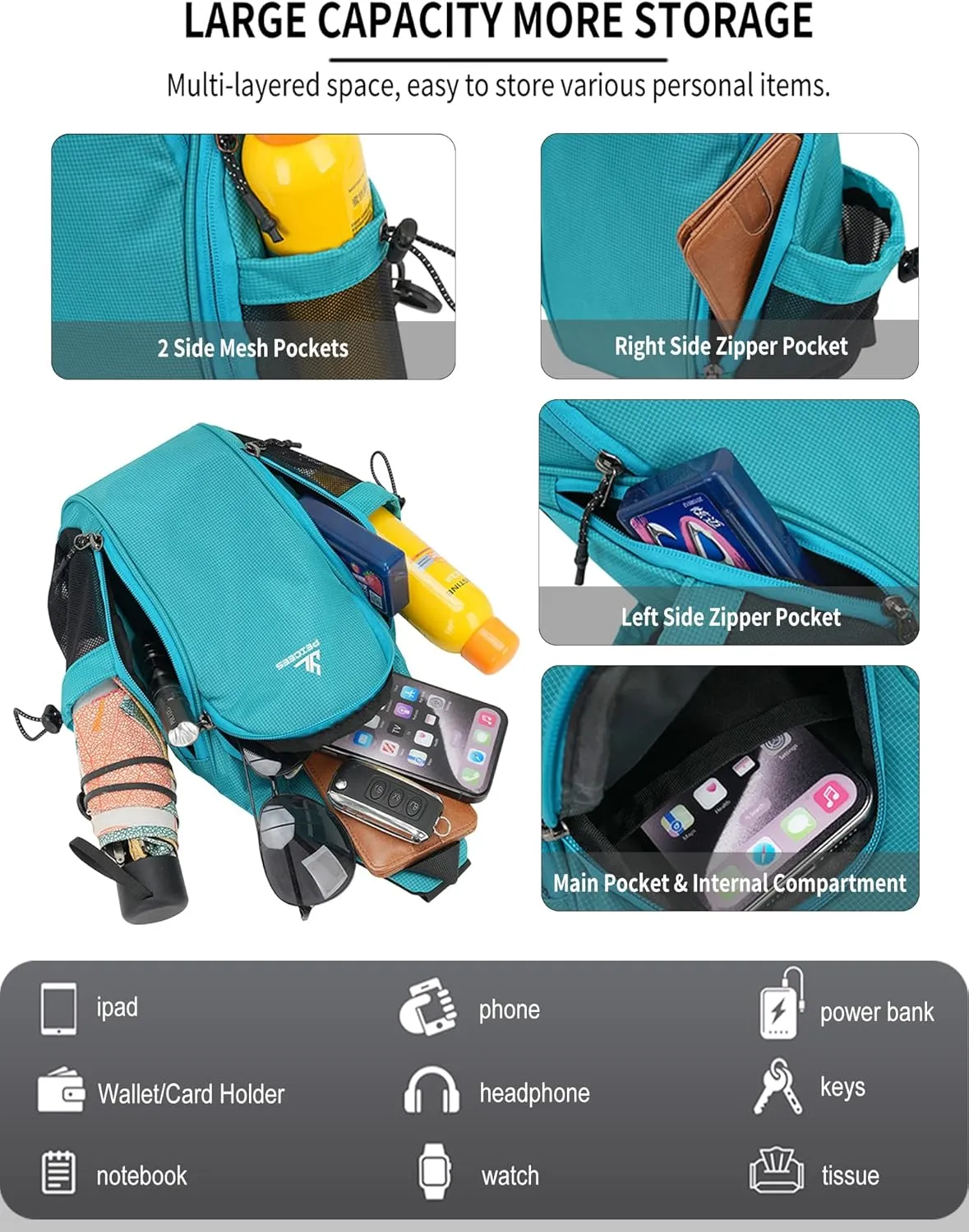 Peicees Small Sling Bag with 2 Bottle Holders, Sling Backpack Crossbody Bag Chest Daypack for Daily Use Travel, Bottle Not Included, Lake Blue