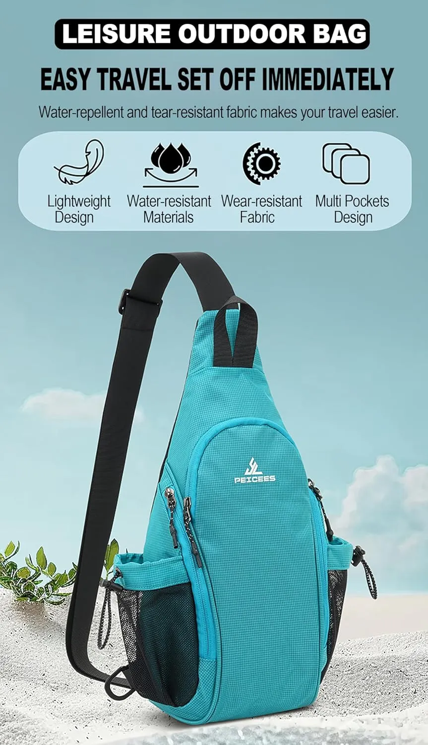 Peicees Small Sling Bag with 2 Bottle Holders, Sling Backpack Crossbody Bag Chest Daypack for Daily Use Travel, Bottle Not Included, Lake Blue