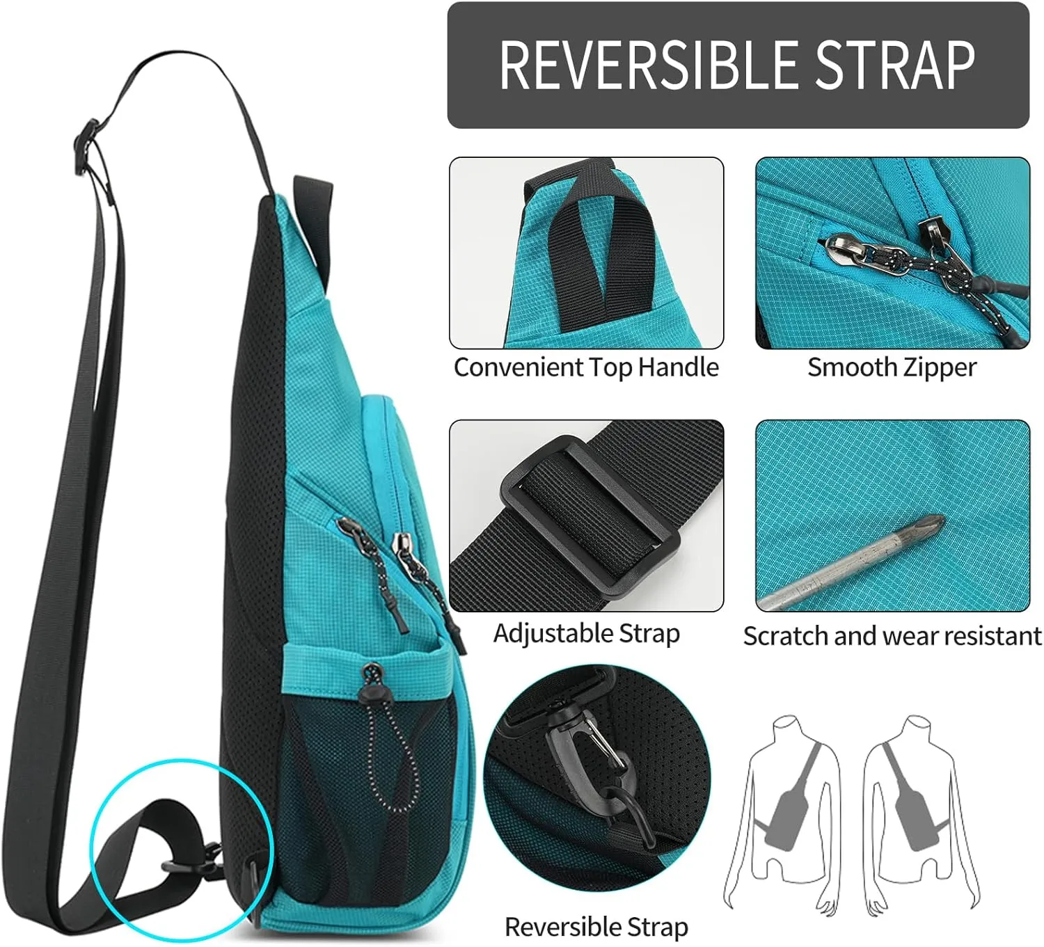 Peicees Small Sling Bag with 2 Bottle Holders, Sling Backpack Crossbody Bag Chest Daypack for Daily Use Travel, Bottle Not Included, Lake Blue