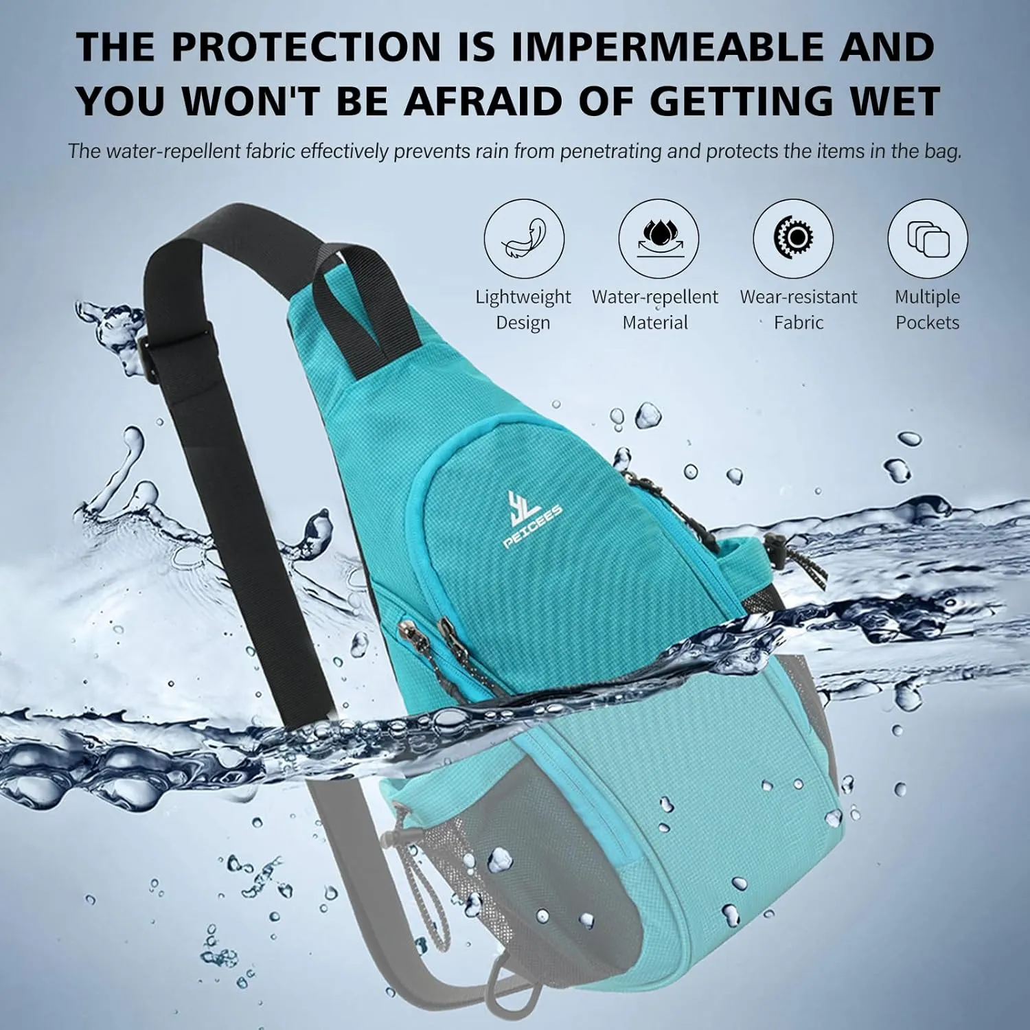 Peicees Small Sling Bag with 2 Bottle Holders, Sling Backpack Crossbody Bag Chest Daypack for Daily Use Travel, Bottle Not Included, Lake Blue