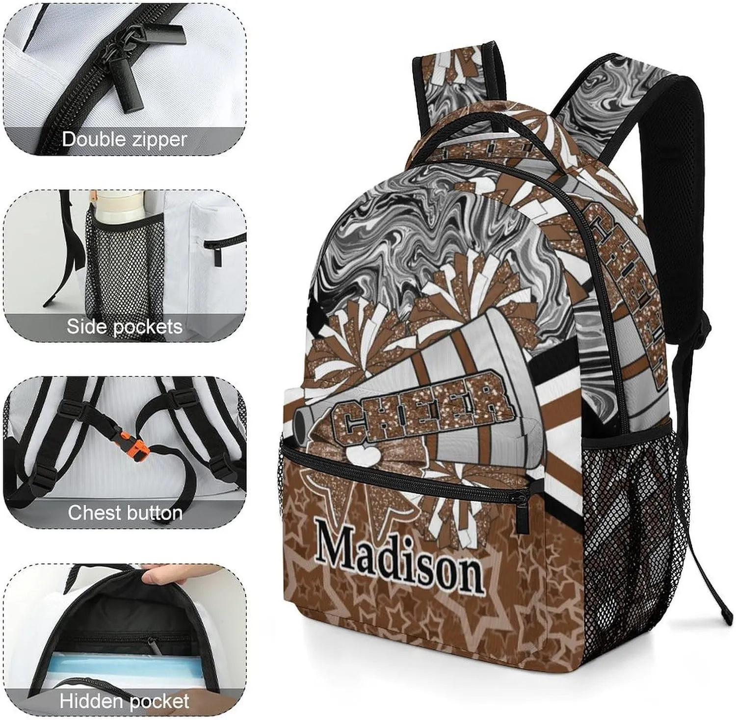 Personalized Cheer Bags Customized Cheerleader Shoulders Schoolbag with Name Casual Backpack for Birthday Travel Holiday (Brown Black)