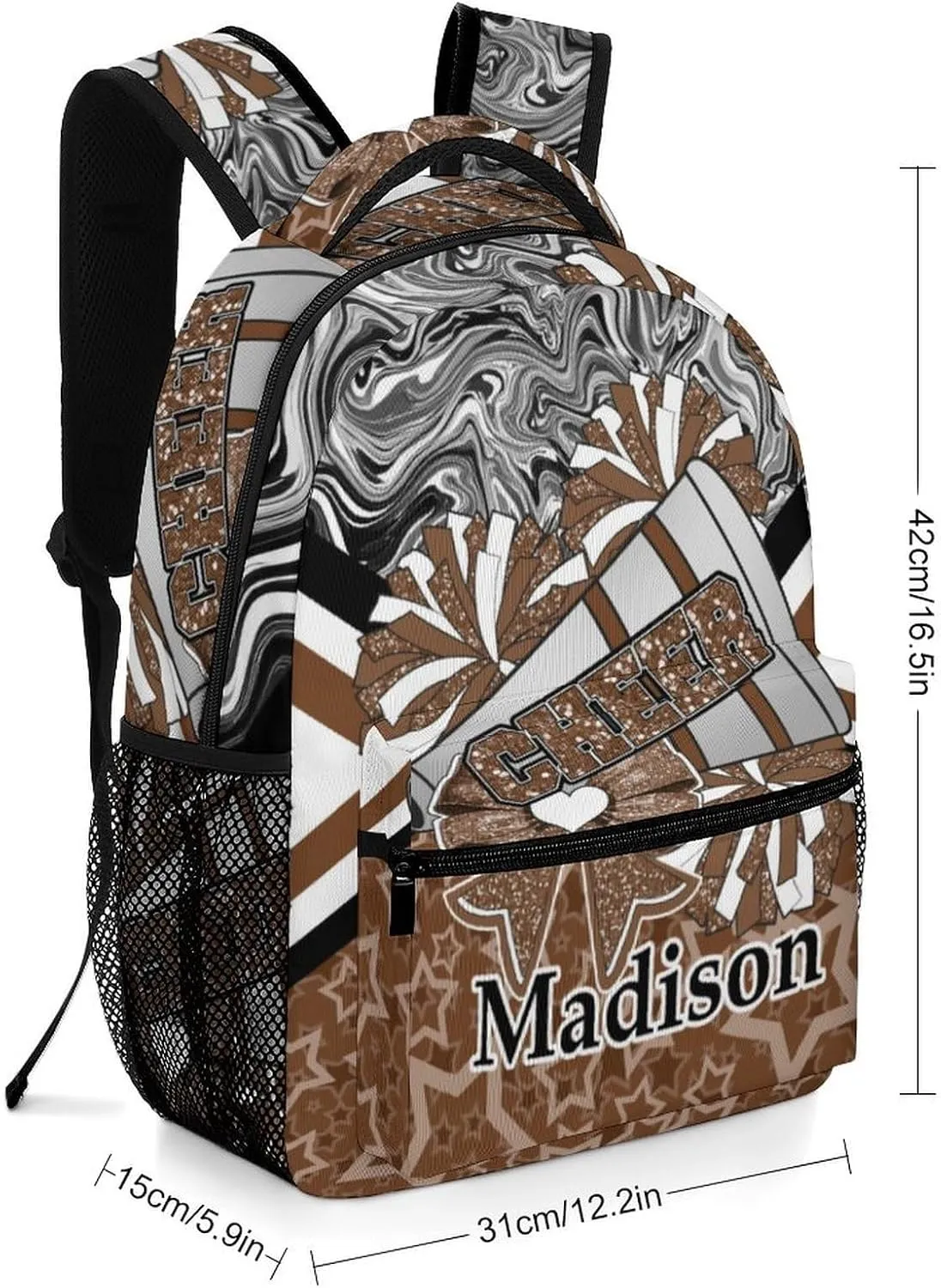 Personalized Cheer Bags Customized Cheerleader Shoulders Schoolbag with Name Casual Backpack for Birthday Travel Holiday (Brown Black)