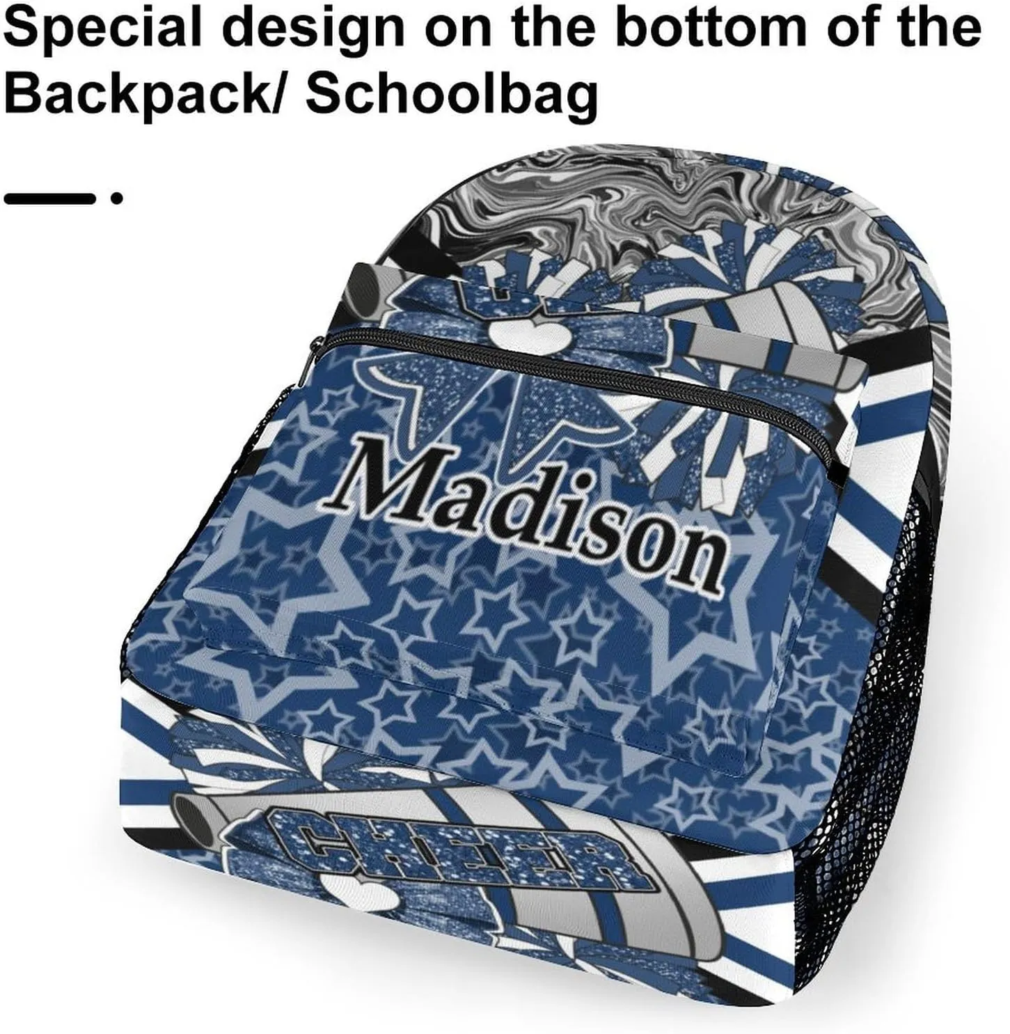 Personalized Cheer Cheerleader Backpack Cheerleading Bag Custom Bookbag with Name Gift (Dark Blue Black)