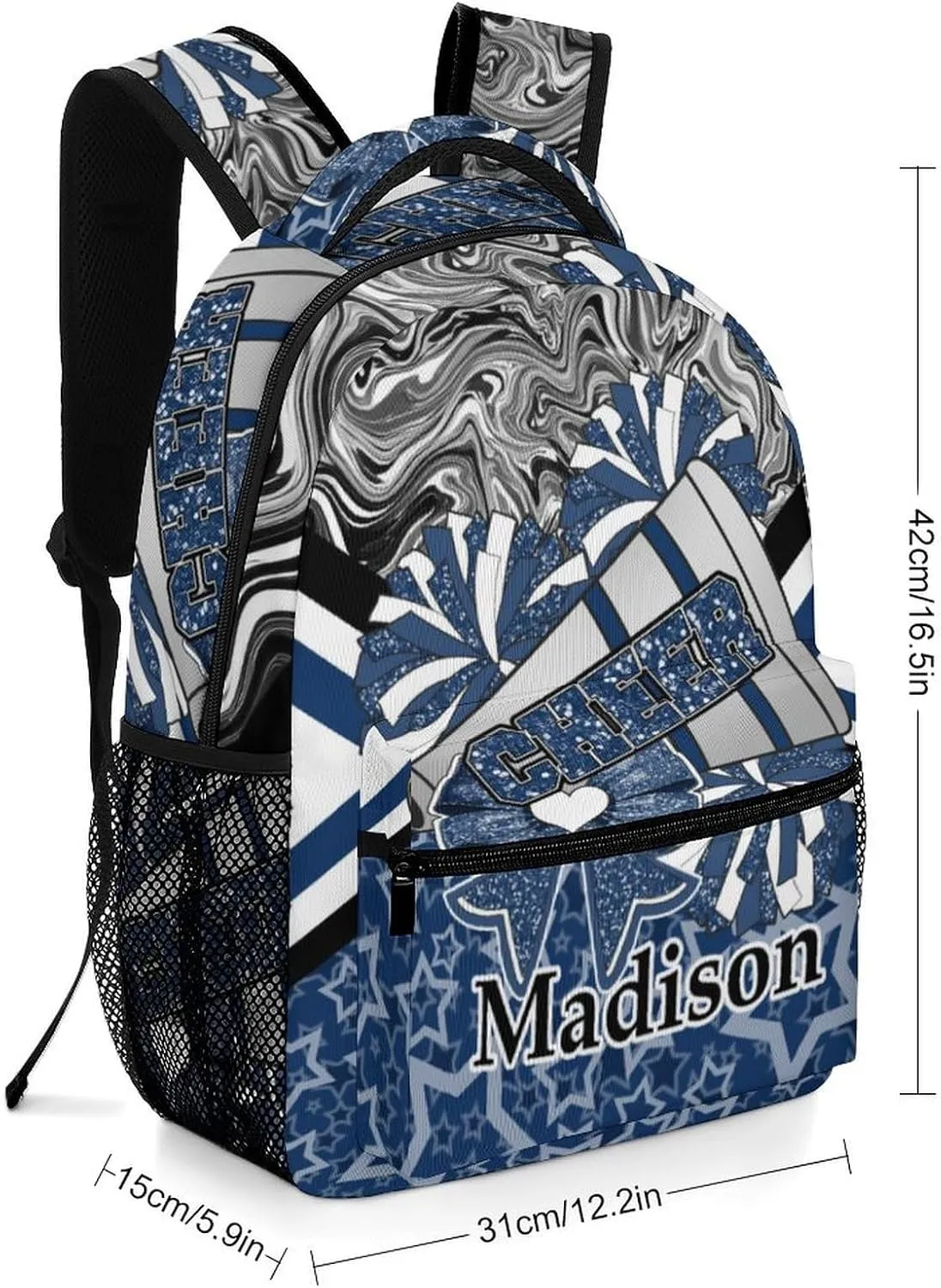 Personalized Cheer Cheerleader Backpack Cheerleading Bag Custom Bookbag with Name Gift (Dark Blue Black)