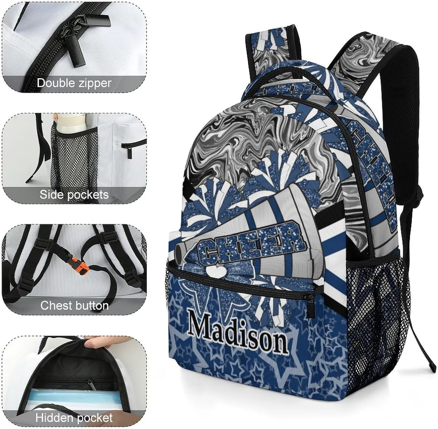 Personalized Cheer Cheerleader Backpack Cheerleading Bag Custom Bookbag with Name Gift (Dark Blue Black)