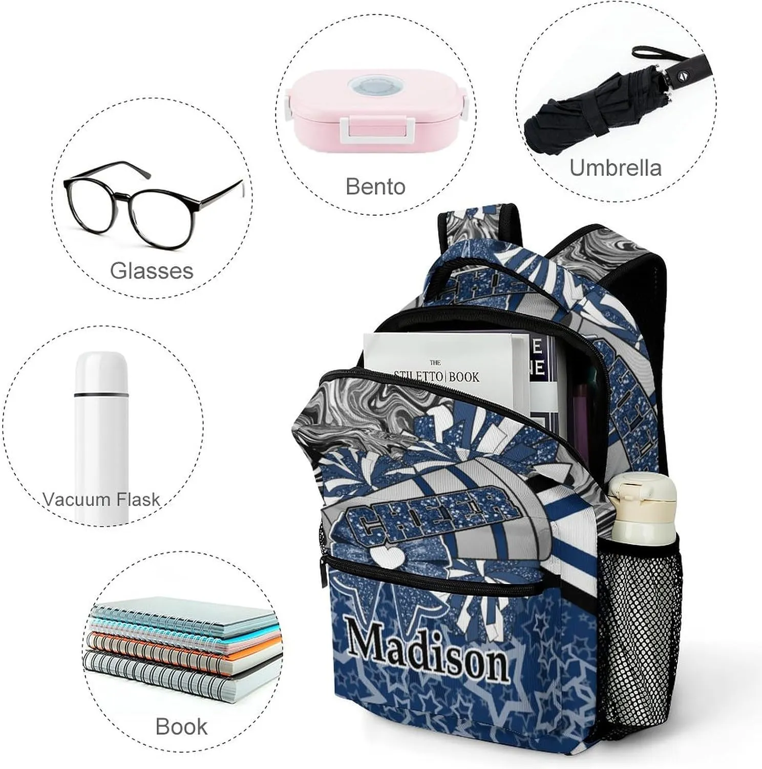 Personalized Cheer Cheerleader Backpack Cheerleading Bag Custom Bookbag with Name Gift (Dark Blue Black)