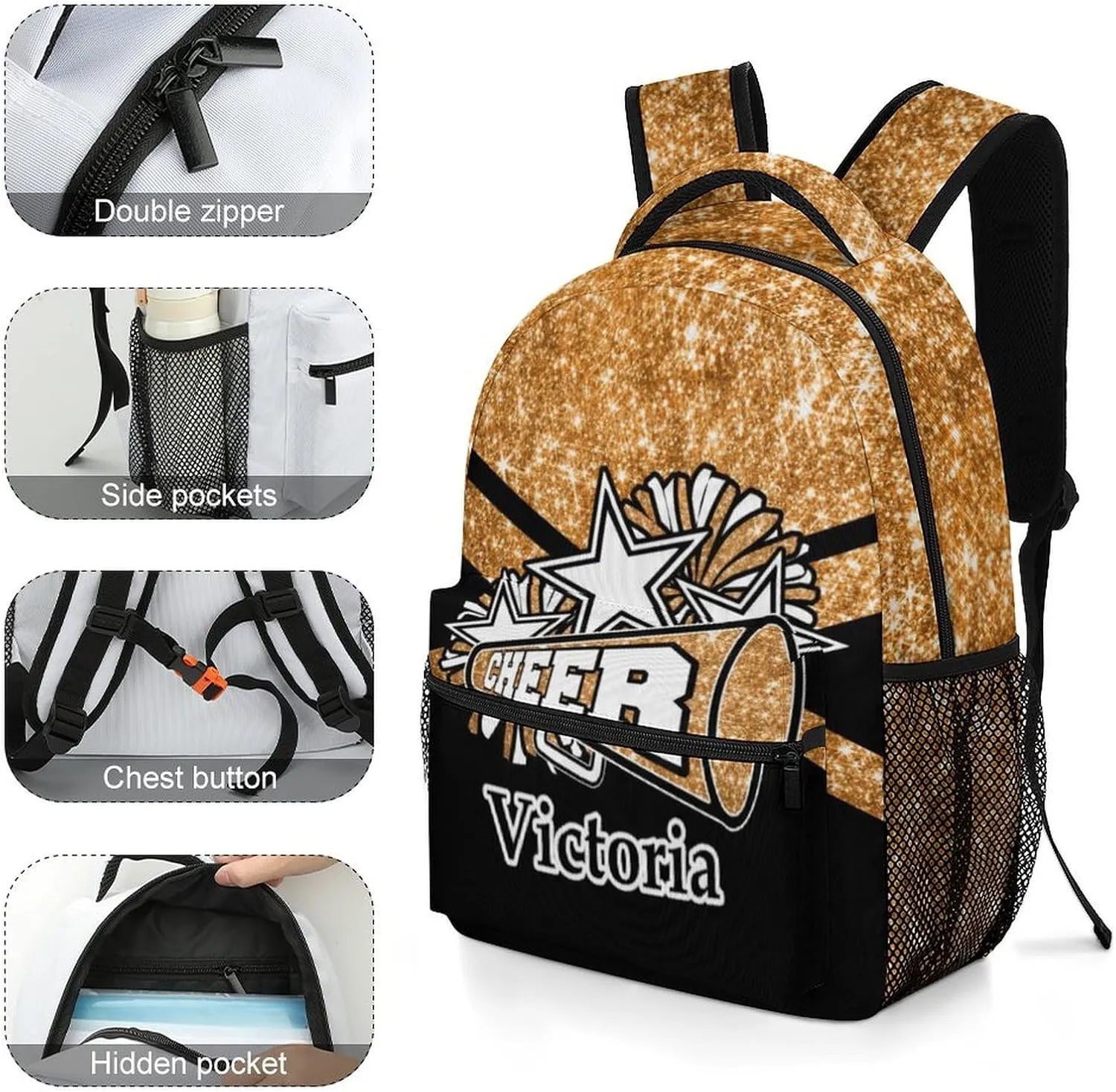 Personalized Cheerleading Backpack Custom Cheer Shoulders Bags with Name Customized Cheerleader Bookbag for Women Men Gift (Orange Glitter)