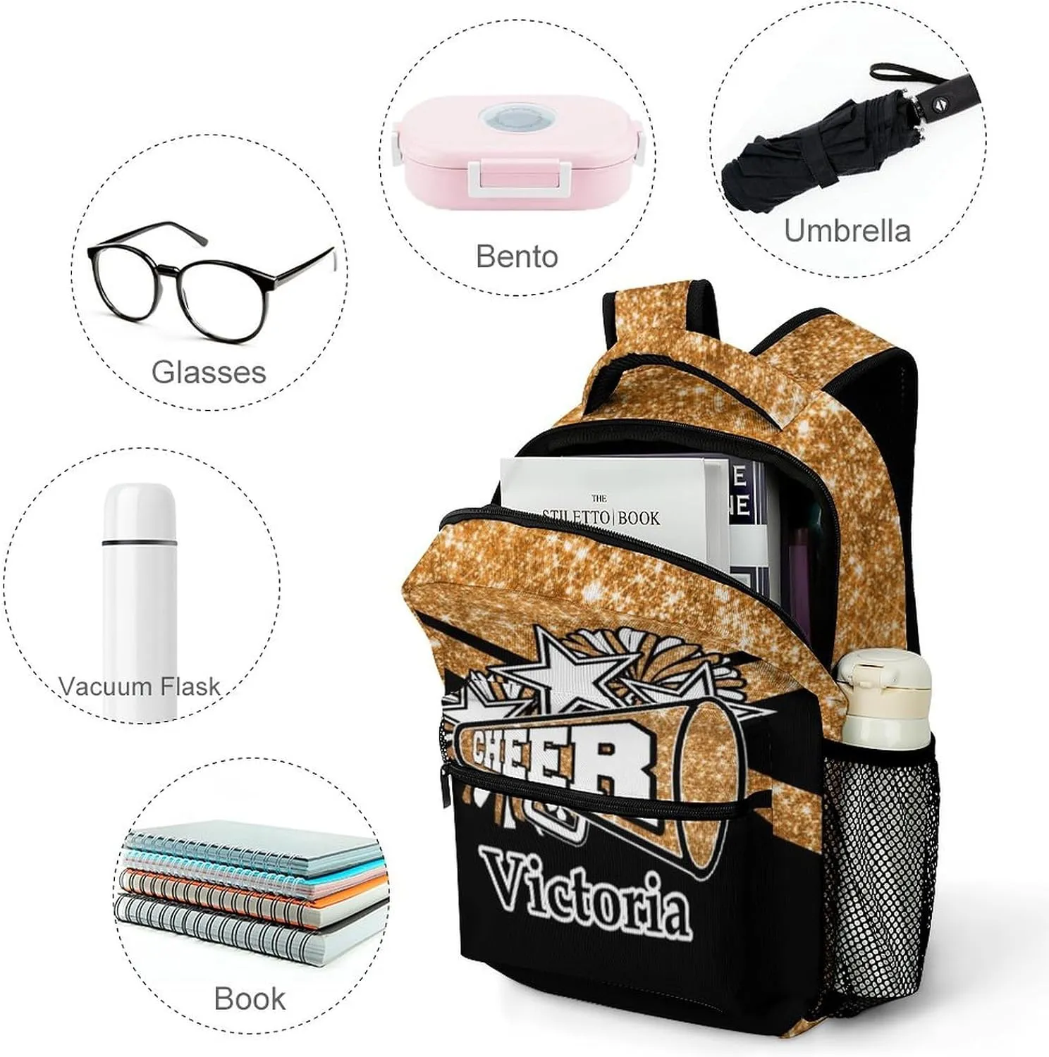 Personalized Cheerleading Backpack Custom Cheer Shoulders Bags with Name Customized Cheerleader Bookbag for Women Men Gift (Orange Glitter)